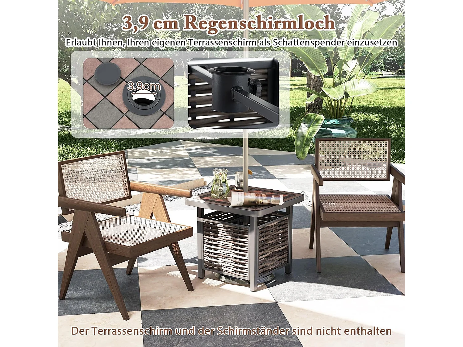 Bijzettafel van polyrotan, tuintafel met hars-tafelblad en parasolgat, balkontafel, weerbestendig, voor terras, balkon, tuin, 55 x 55 x 50 cm