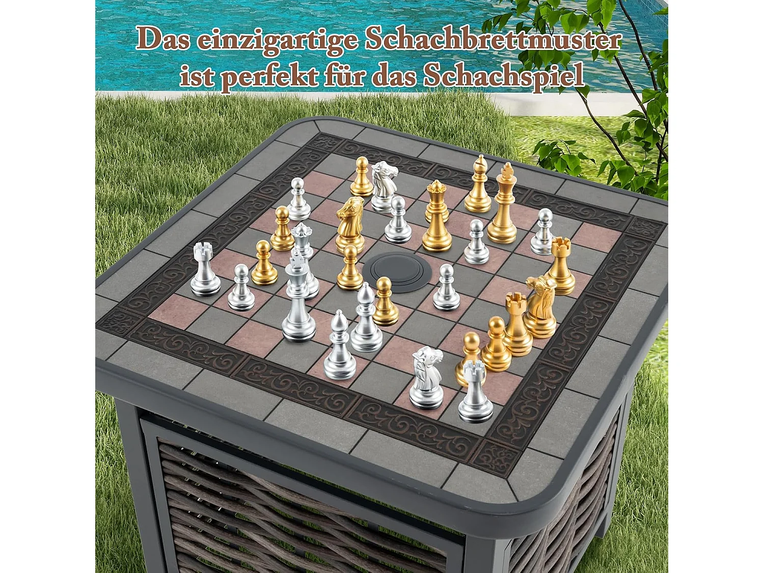 Bijzettafel van polyrotan, tuintafel met hars-tafelblad en parasolgat, balkontafel, weerbestendig, voor terras, balkon, tuin, 55 x 55 x 50 cm