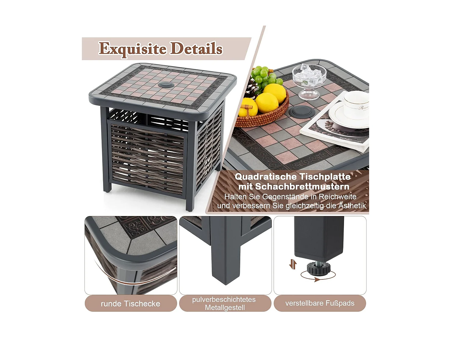 Bijzettafel van polyrotan, tuintafel met hars-tafelblad en parasolgat, balkontafel, weerbestendig, voor terras, balkon, tuin, 55 x 55 x 50 cm