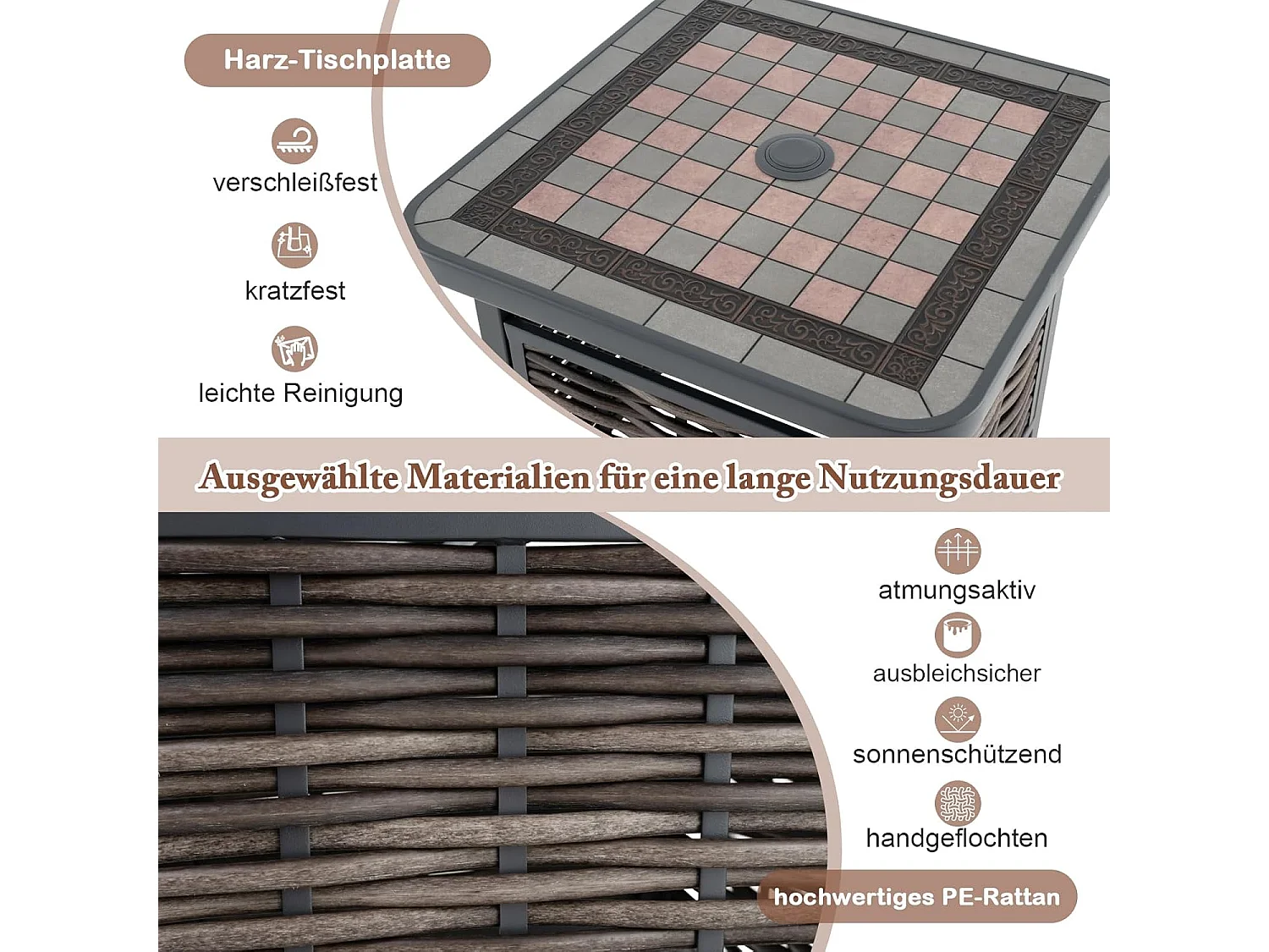 Bijzettafel van polyrotan, tuintafel met hars-tafelblad en parasolgat, balkontafel, weerbestendig, voor terras, balkon, tuin, 55 x 55 x 50 cm
