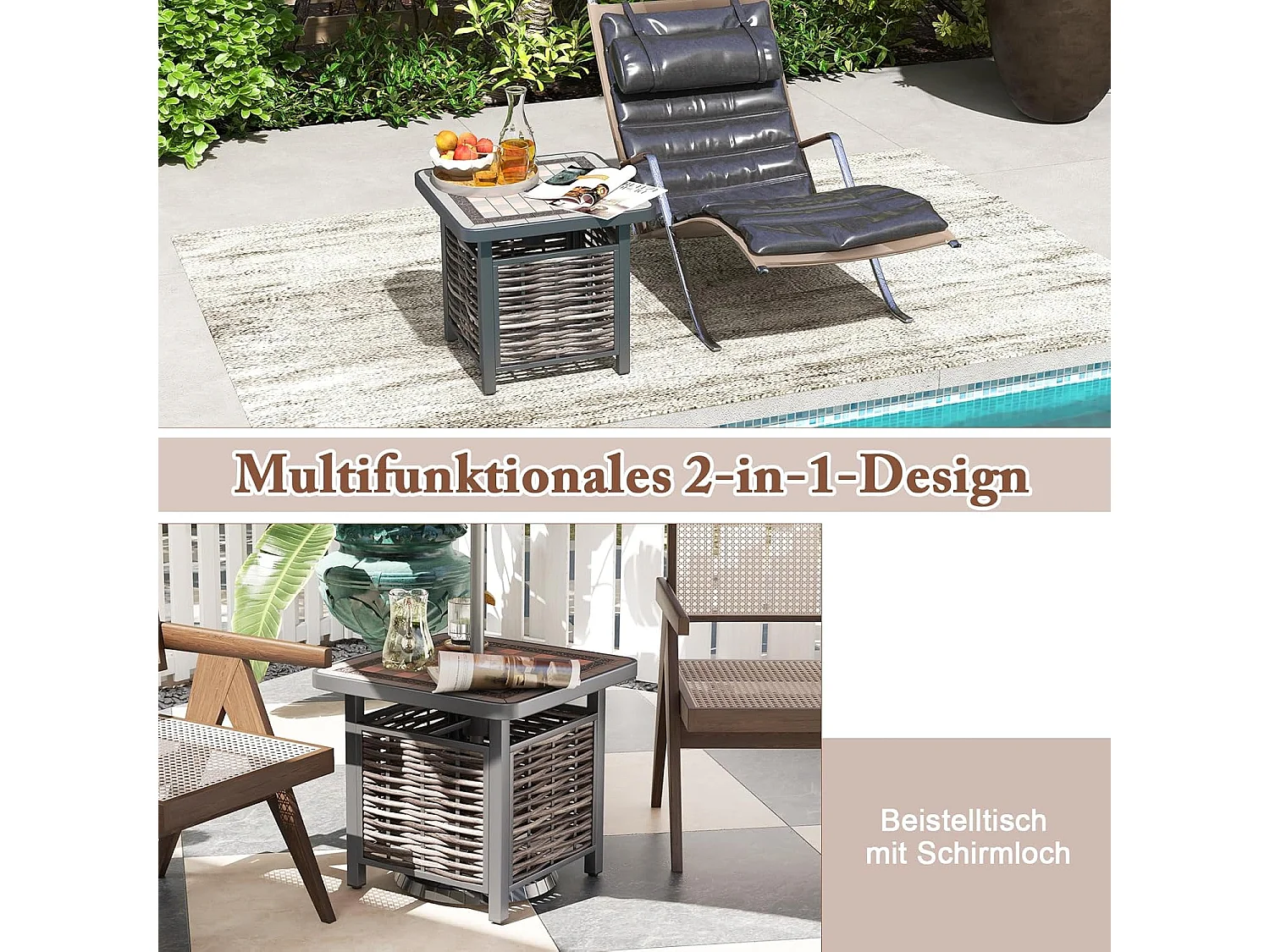 Bijzettafel van polyrotan, tuintafel met hars-tafelblad en parasolgat, balkontafel, weerbestendig, voor terras, balkon, tuin, 55 x 55 x 50 cm