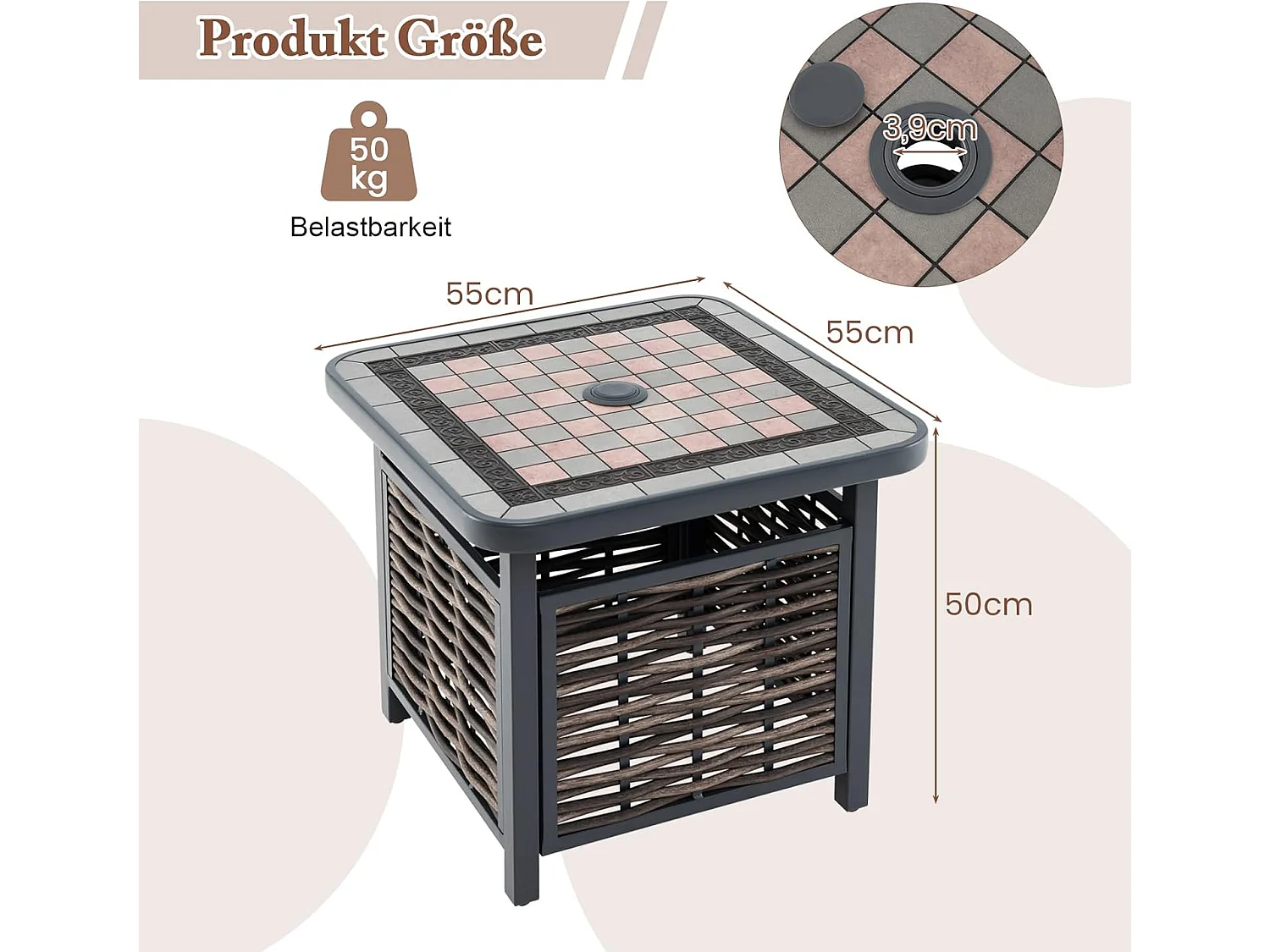 Bijzettafel van polyrotan, tuintafel met hars-tafelblad en parasolgat, balkontafel, weerbestendig, voor terras, balkon, tuin, 55 x 55 x 50 cm