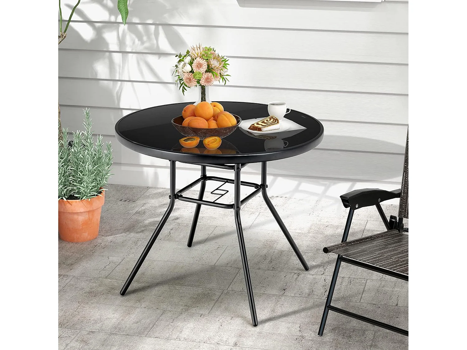 Tuintafel met tafelblad van gehard glas, terrastafel met schermgat, balkontafel voor 4 personen, outdoor eettafel voor balkon, terras, tuin, 86 x 86 x 71 cm, zwart