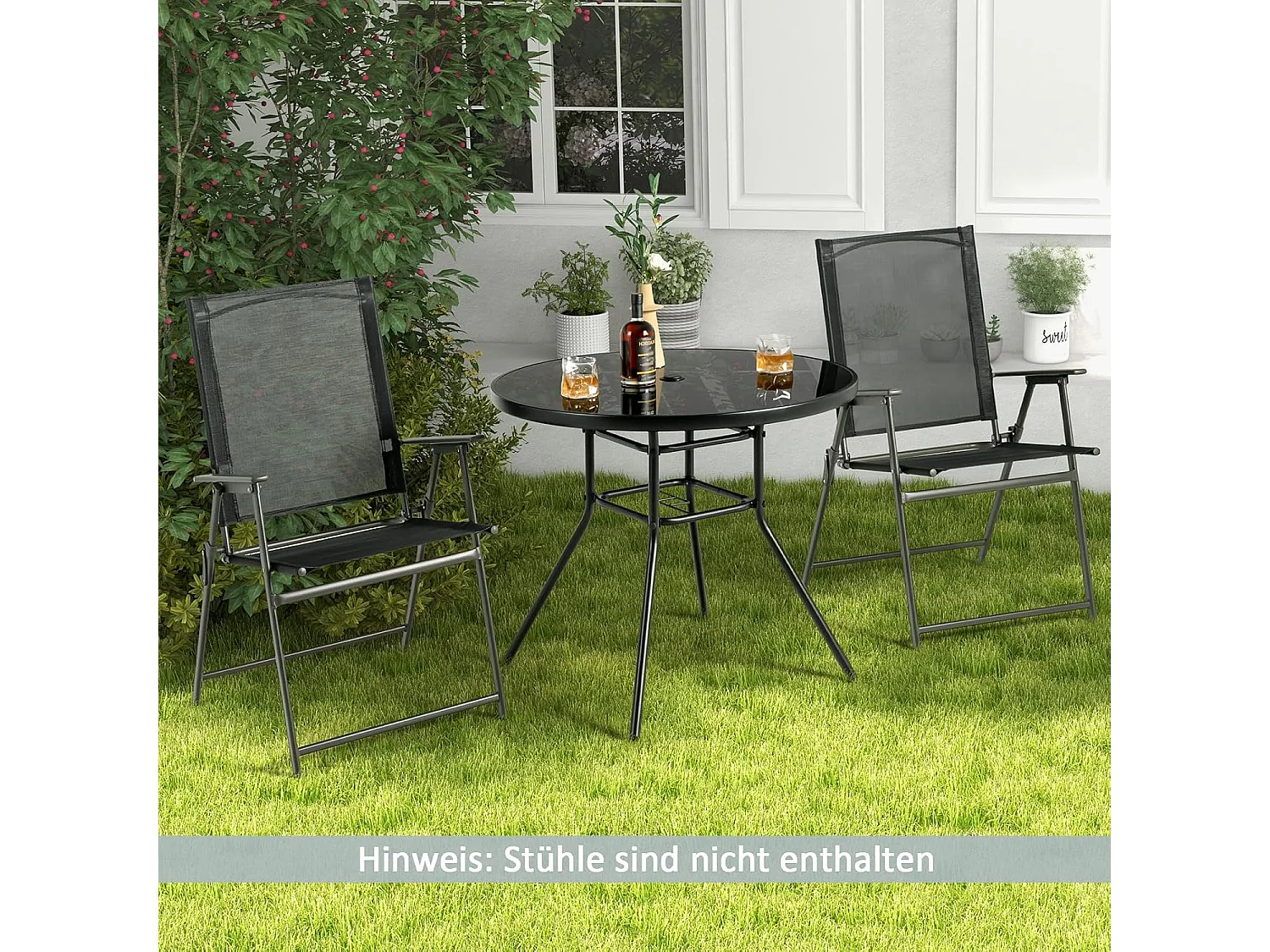Tuintafel met tafelblad van gehard glas, terrastafel met schermgat, balkontafel voor 4 personen, outdoor eettafel voor balkon, terras, tuin, 86 x 86 x 71 cm, zwart