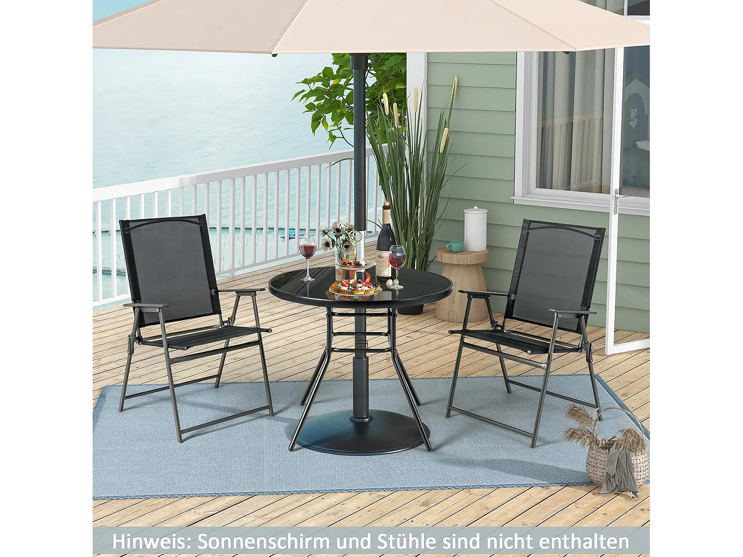 Tuintafel met tafelblad van gehard glas, terrastafel met schermgat, balkontafel voor 4 personen, outdoor eettafel voor balkon, terras, tuin, 86 x 86 x 71 cm, zwart