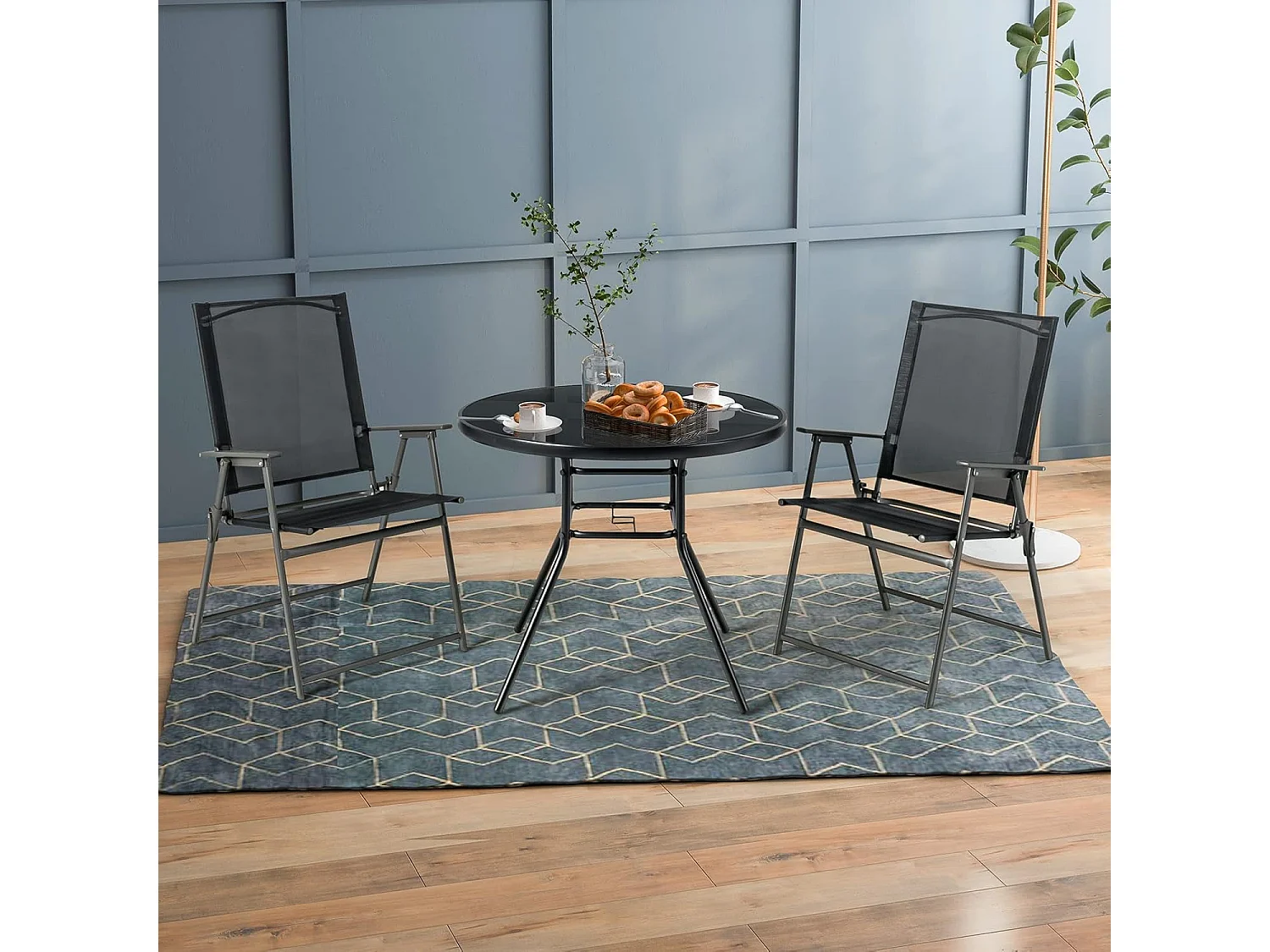 Tuintafel met tafelblad van gehard glas, terrastafel met schermgat, balkontafel voor 4 personen, outdoor eettafel voor balkon, terras, tuin, 86 x 86 x 71 cm, zwart