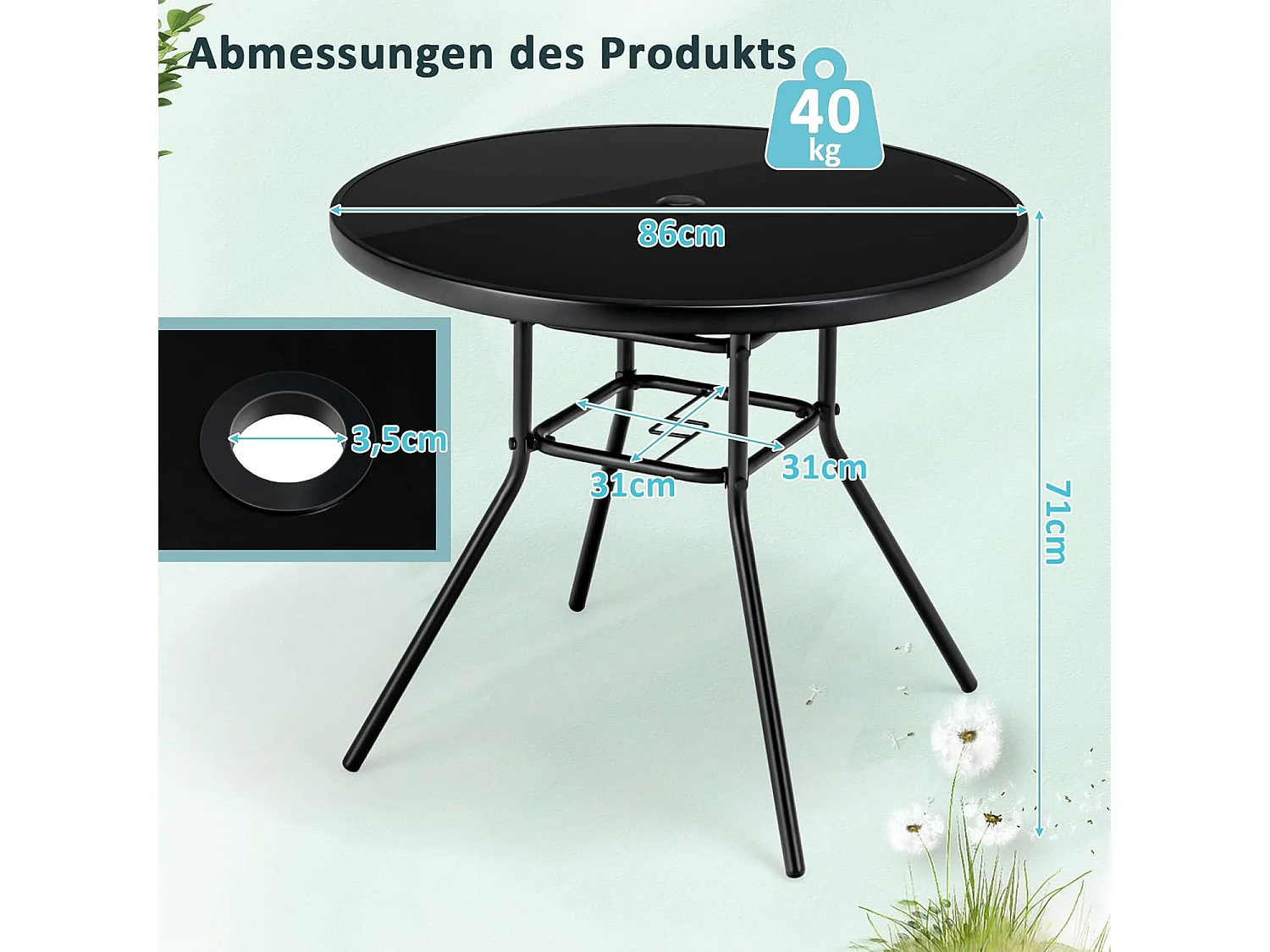 Tuintafel met tafelblad van gehard glas, terrastafel met schermgat, balkontafel voor 4 personen, outdoor eettafel voor balkon, terras, tuin, 86 x 86 x 71 cm, zwart