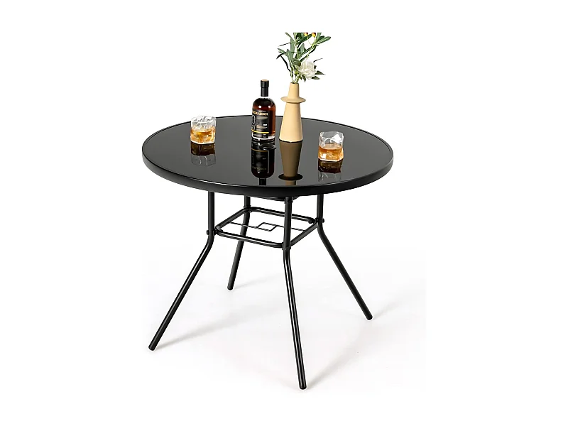 Tuintafel met tafelblad van gehard glas, terrastafel met schermgat, balkontafel voor 4 personen, outdoor eettafel voor balkon, terras, tuin, 86 x 86 x 71 cm, zwart