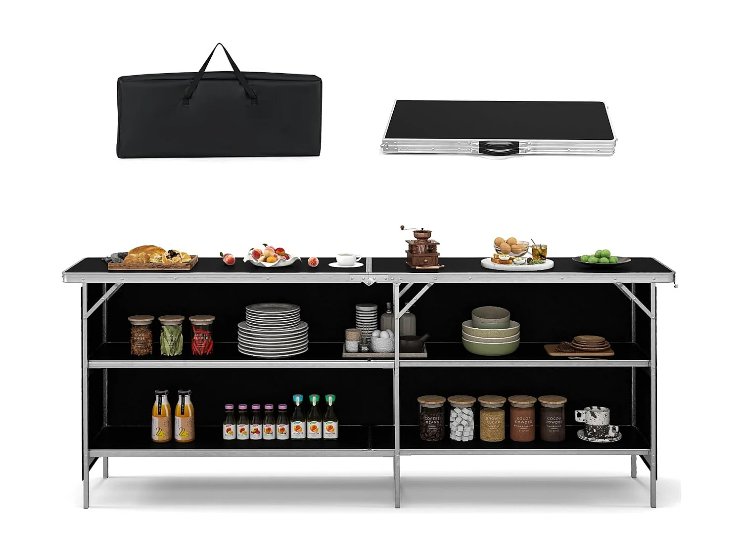 Campingkast, opvouwbaar, draagbare campingkeuken met 2 verdiepingen, aluminium frame,inclusief draagtas,voor picknick, barbecue, feestjes, 206 x 38 x 83 cm ZB34237