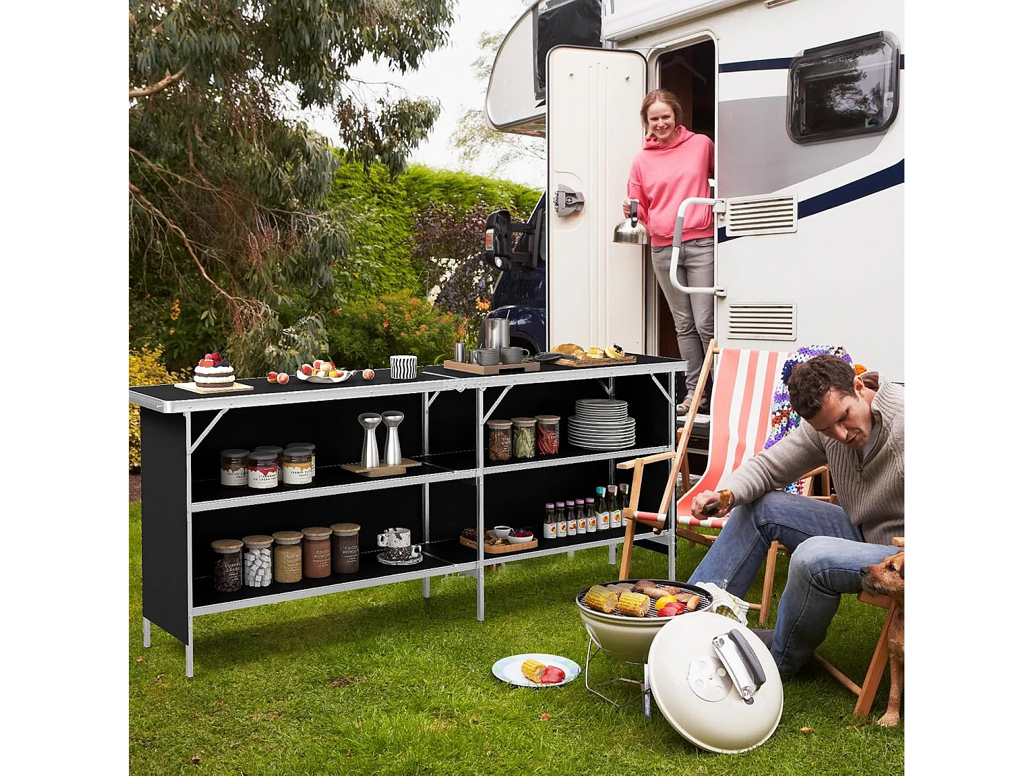 Campingkast, opvouwbaar, draagbare campingkeuken met 2 verdiepingen, aluminium frame,inclusief draagtas,voor picknick, barbecue, feestjes, 206 x 38 x 83 cm ZB34237