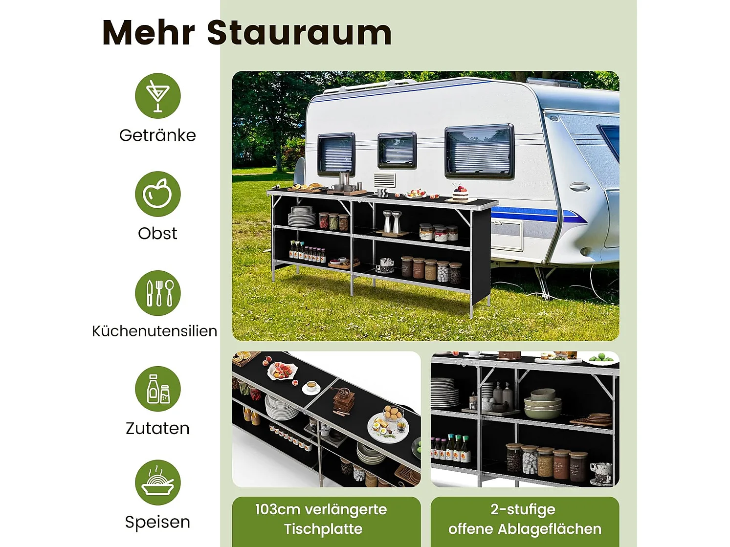 Campingkast, opvouwbaar, draagbare campingkeuken met 2 verdiepingen, aluminium frame,inclusief draagtas,voor picknick, barbecue, feestjes, 206 x 38 x 83 cm ZB34237