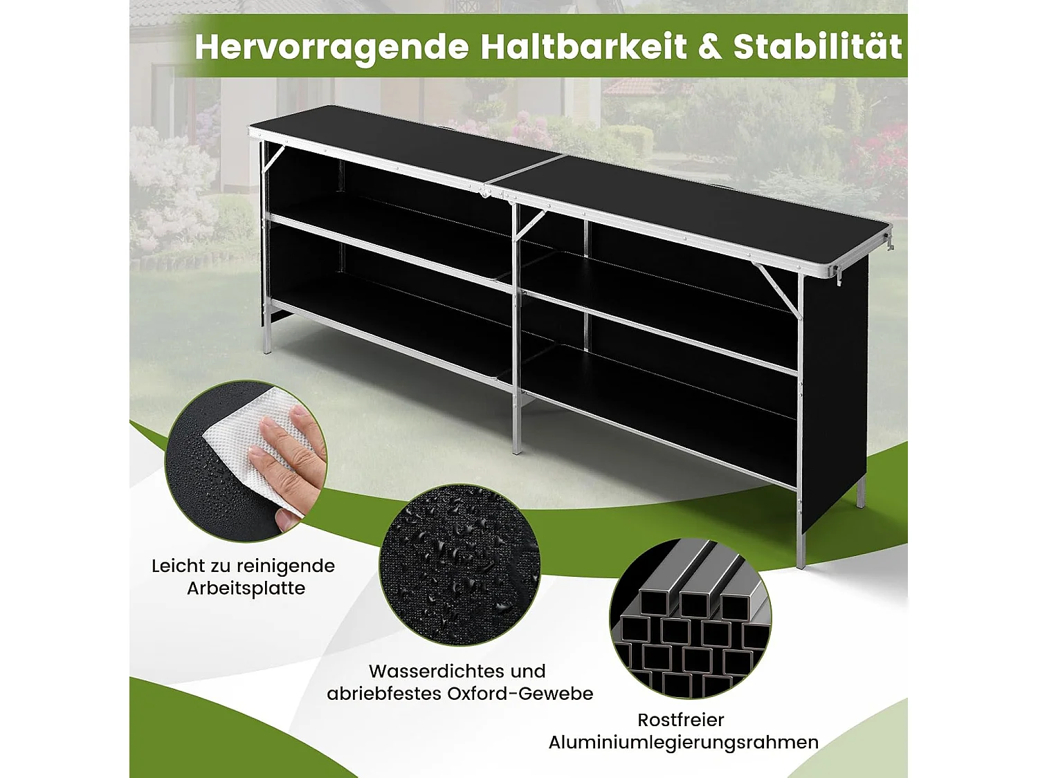 Campingkast, opvouwbaar, draagbare campingkeuken met 2 verdiepingen, aluminium frame,inclusief draagtas,voor picknick, barbecue, feestjes, 206 x 38 x 83 cm ZB34237
