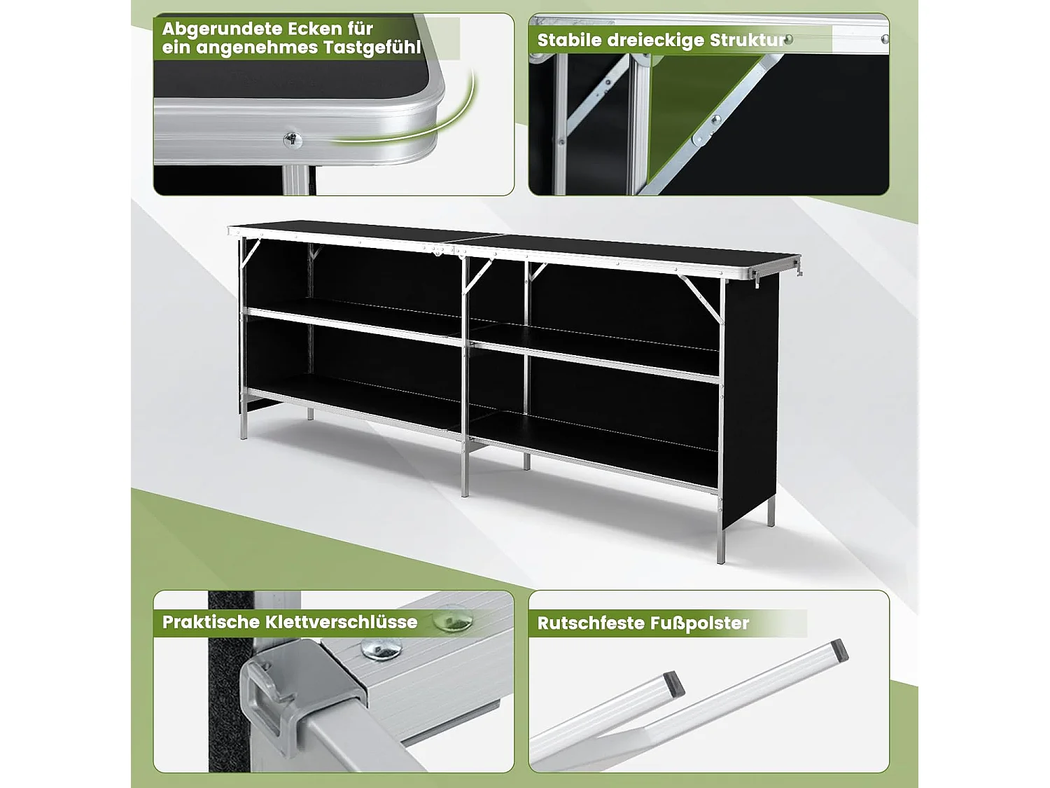 Campingkast, opvouwbaar, draagbare campingkeuken met 2 verdiepingen, aluminium frame,inclusief draagtas,voor picknick, barbecue, feestjes, 206 x 38 x 83 cm ZB34237
