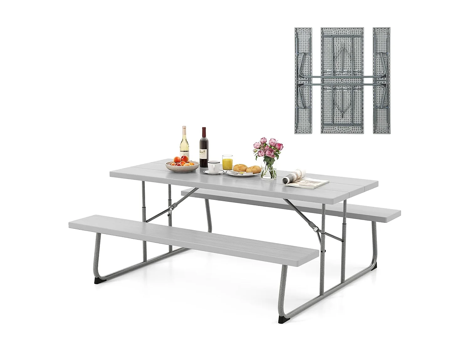 Biertentgarnituur, inklapbaar, 183 cm biertafelgarnituur in houtlook, biertafel met HDPE-tafelblad, parasolgat, zitgarnituur voor tuin, terras ZB33489
