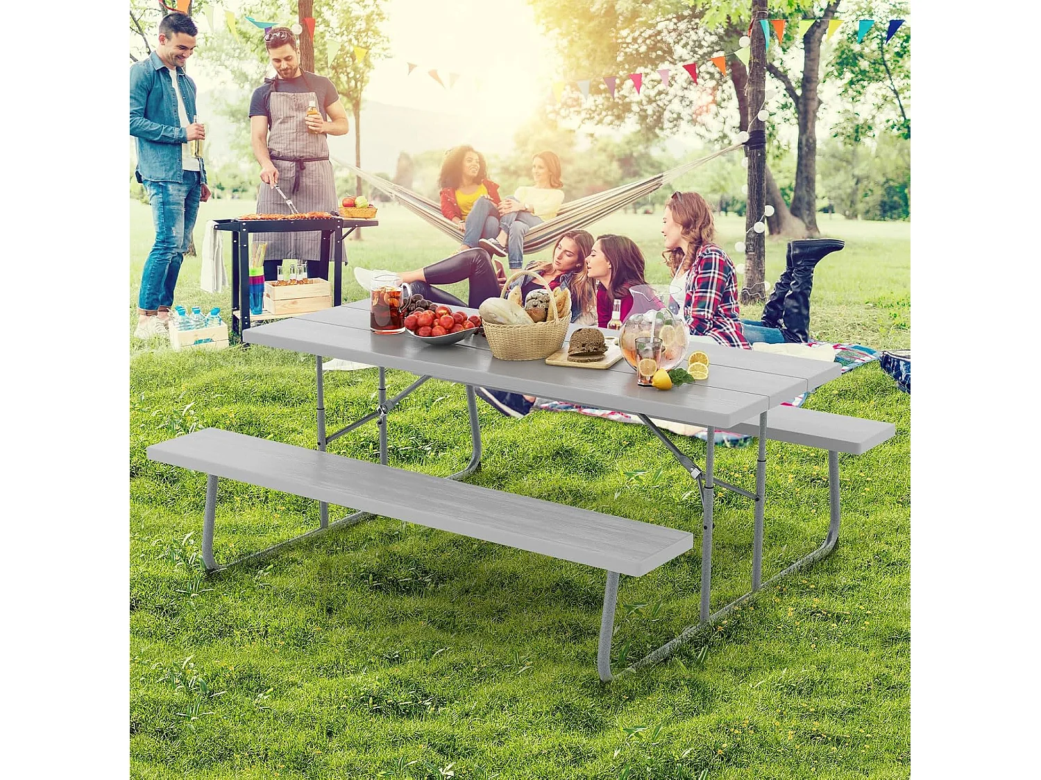 Biertentgarnituur, inklapbaar, 183 cm biertafelgarnituur in houtlook, biertafel met HDPE-tafelblad, parasolgat, zitgarnituur voor tuin, terras ZB33489