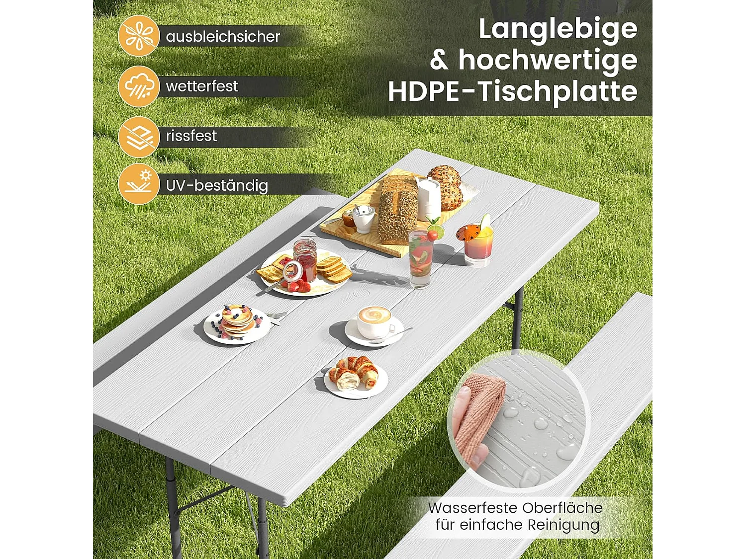 Biertentgarnituur, inklapbaar, 183 cm biertafelgarnituur in houtlook, biertafel met HDPE-tafelblad, parasolgat, zitgarnituur voor tuin, terras ZB33489