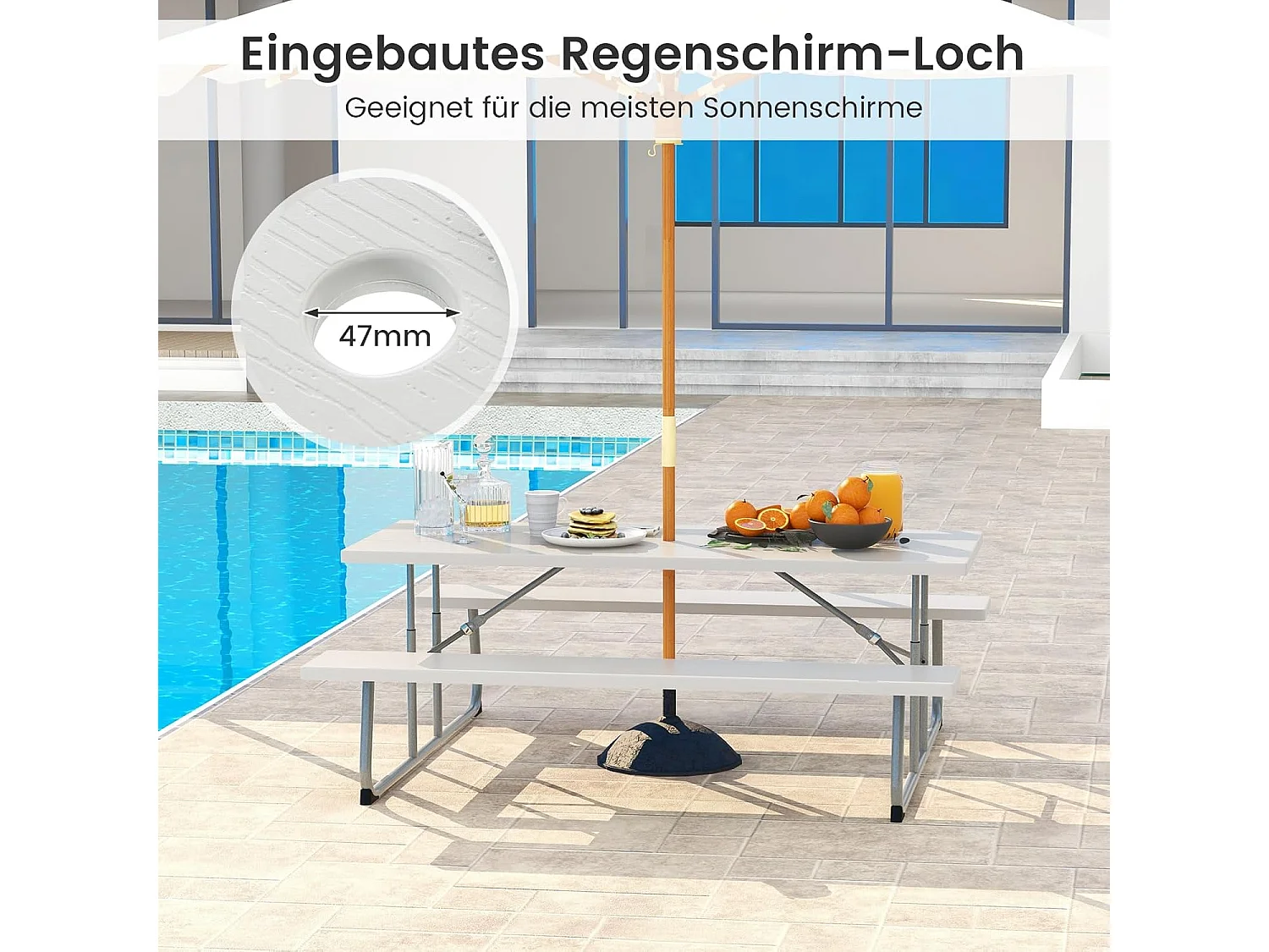 Biertentgarnituur, inklapbaar, 183 cm biertafelgarnituur in houtlook, biertafel met HDPE-tafelblad, parasolgat, zitgarnituur voor tuin, terras ZB33489