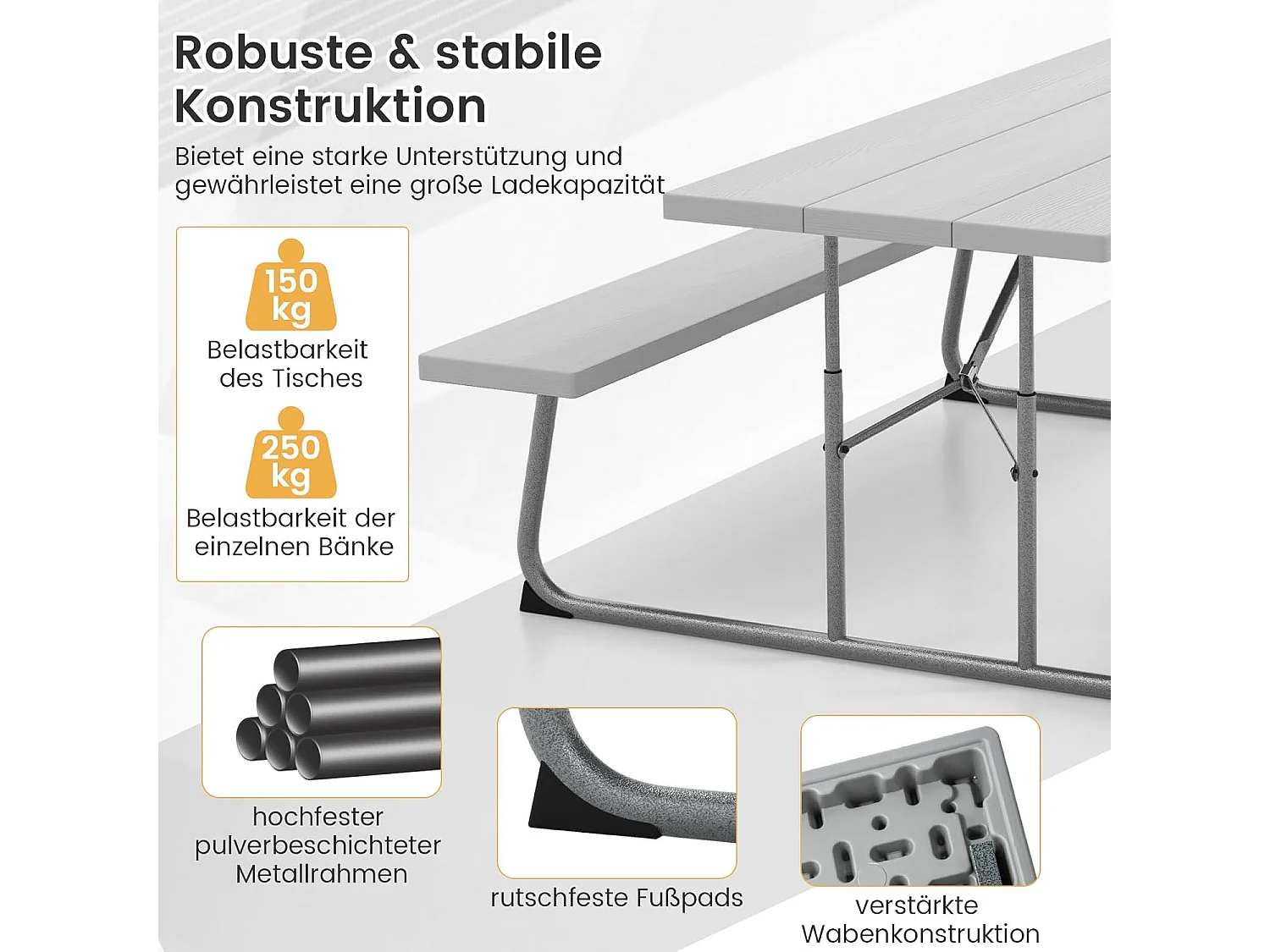 Biertentgarnituur, inklapbaar, 183 cm biertafelgarnituur in houtlook, biertafel met HDPE-tafelblad, parasolgat, zitgarnituur voor tuin, terras ZB33489