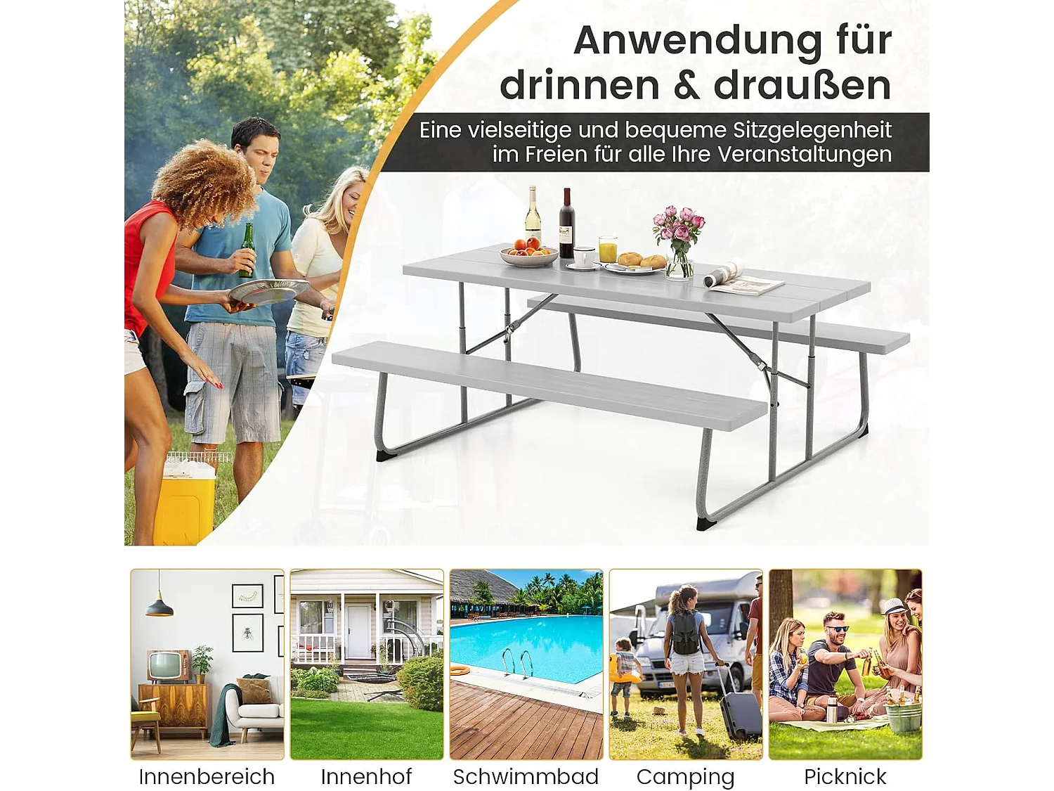 Biertentgarnituur, inklapbaar, 183 cm biertafelgarnituur in houtlook, biertafel met HDPE-tafelblad, parasolgat, zitgarnituur voor tuin, terras ZB33489