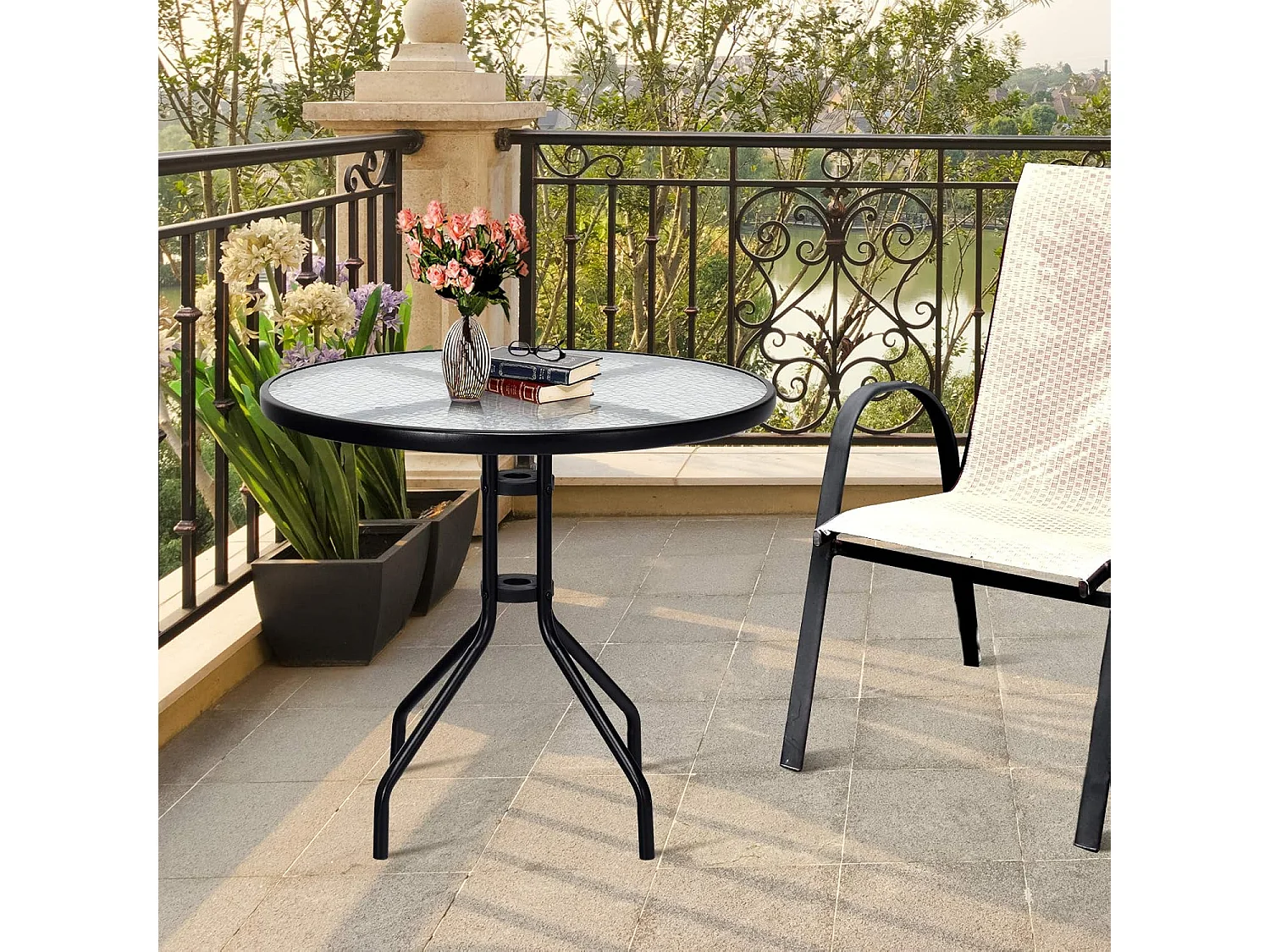 Tuintafel met tafelblad van gehard glas, terrastafel met parasolgat en metalen frame, ronde balkontafel, outdoor-eettafel voor binnenplaats, terras, 70x70x71 cm