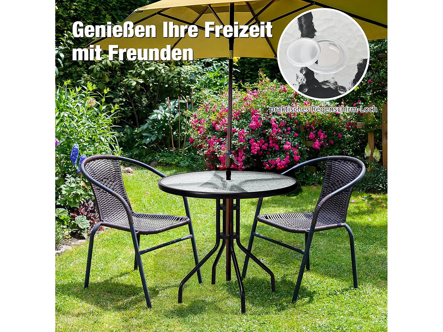 Tuintafel met tafelblad van gehard glas, terrastafel met parasolgat en metalen frame, ronde balkontafel, outdoor-eettafel voor binnenplaats, terras, 70x70x71 cm