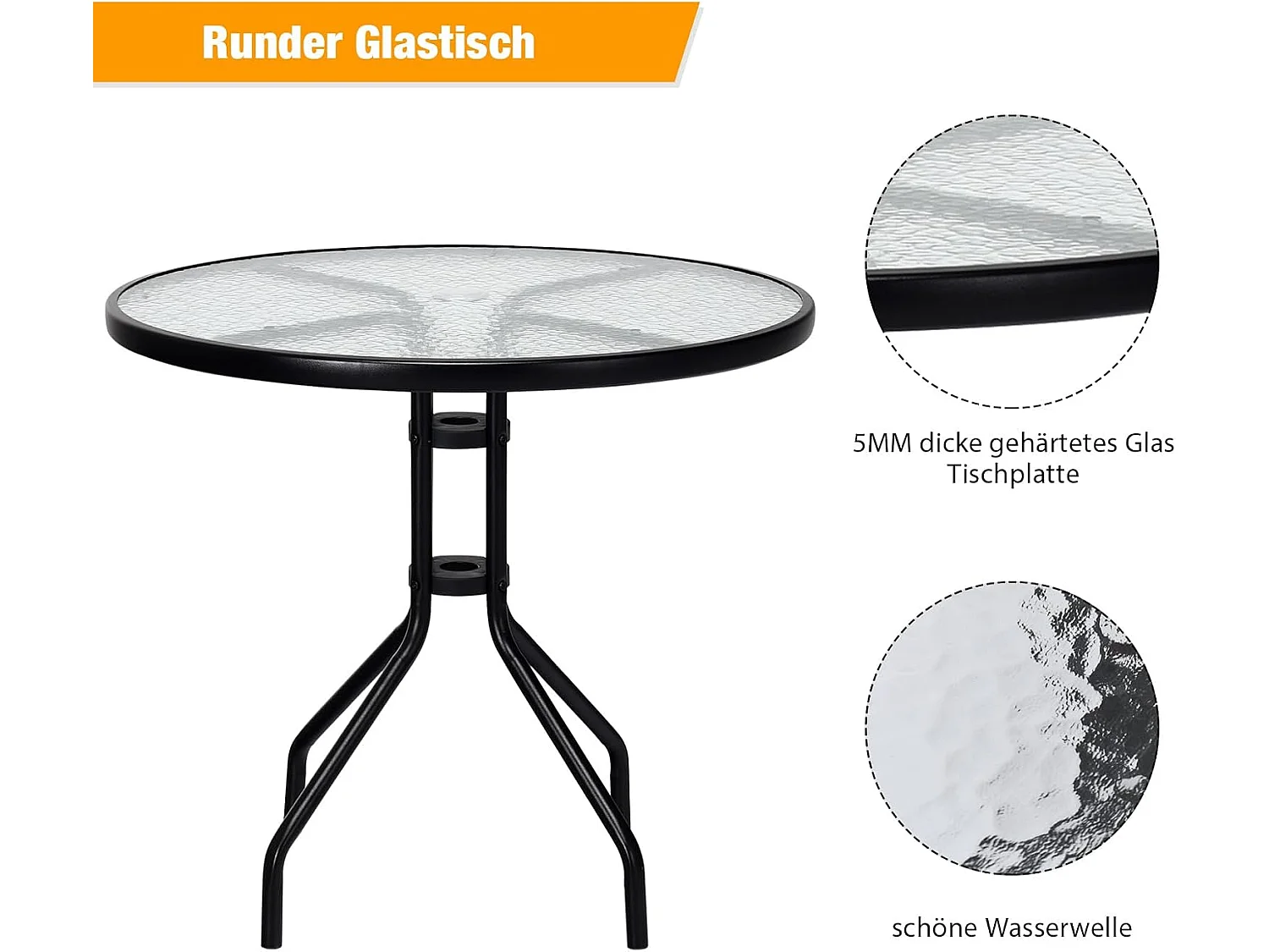 Tuintafel met tafelblad van gehard glas, terrastafel met parasolgat en metalen frame, ronde balkontafel, outdoor-eettafel voor binnenplaats, terras, 70x70x71 cm