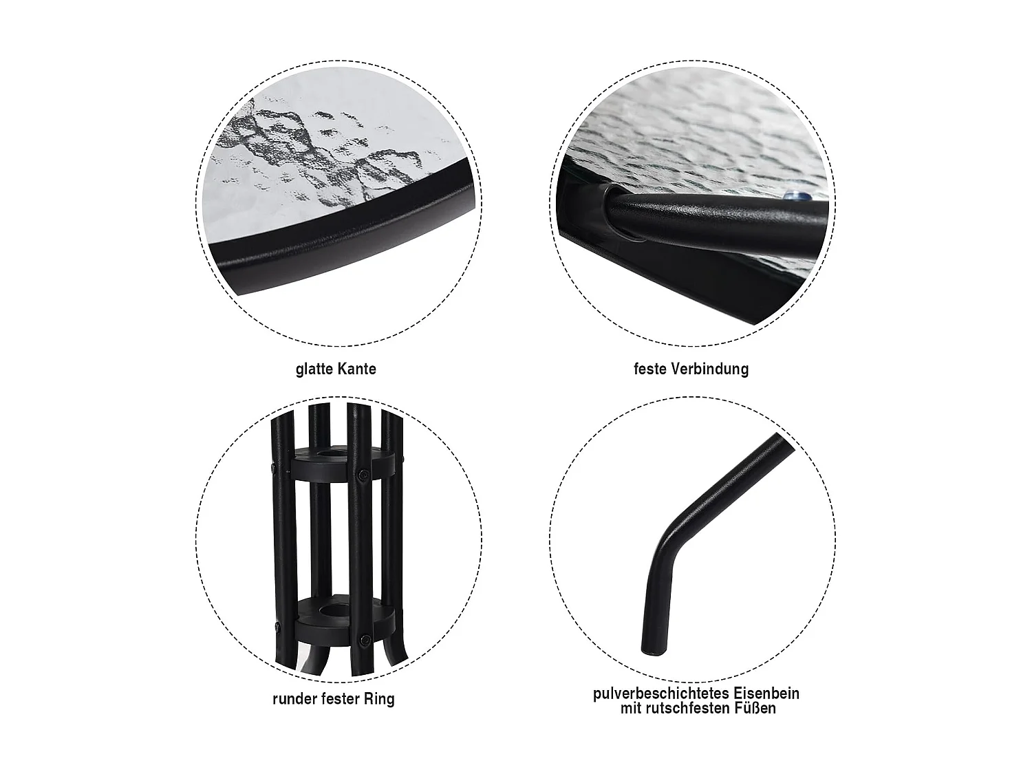 Tuintafel met tafelblad van gehard glas, terrastafel met parasolgat en metalen frame, ronde balkontafel, outdoor-eettafel voor binnenplaats, terras, 70x70x71 cm