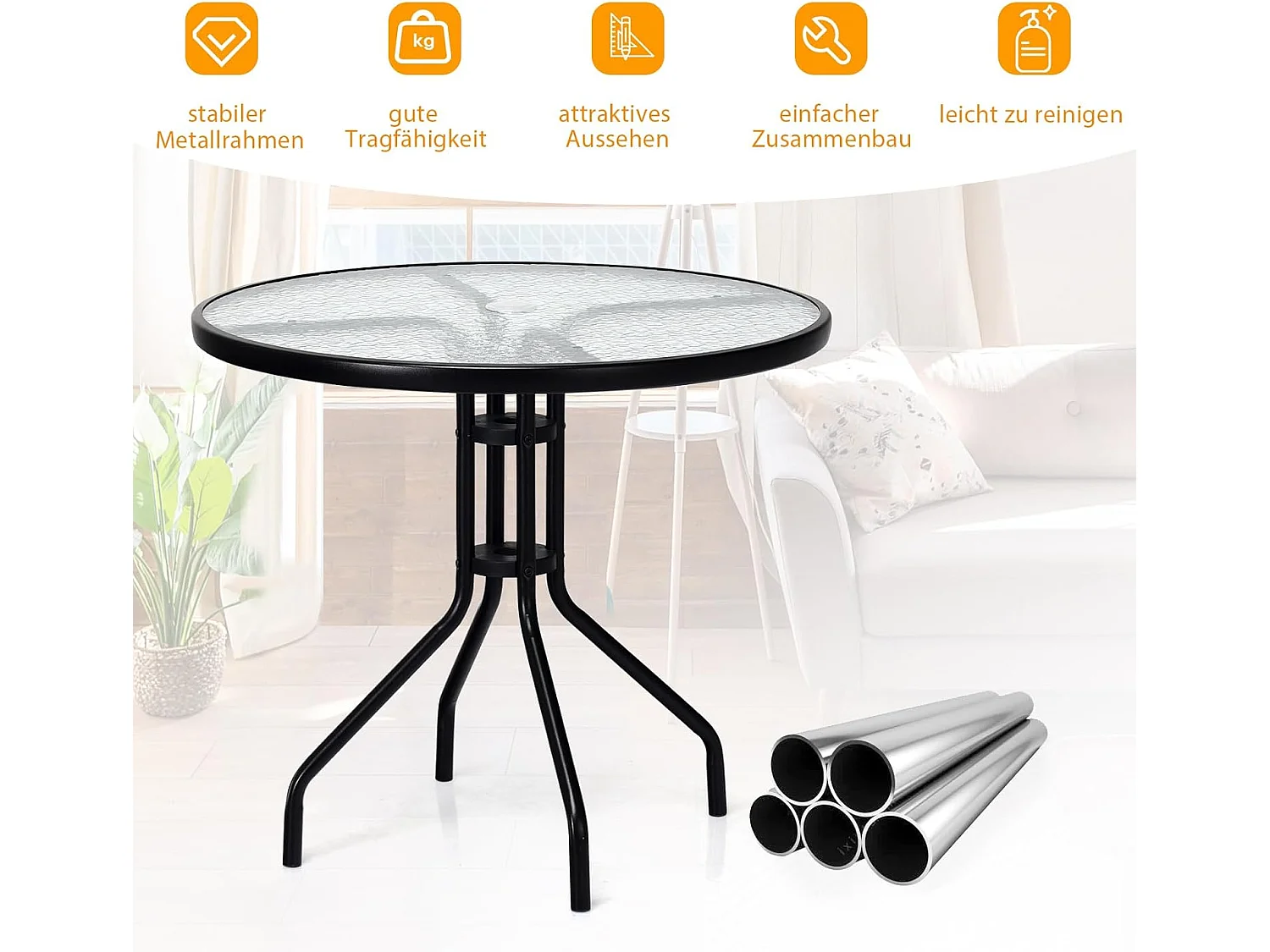 Tuintafel met tafelblad van gehard glas, terrastafel met parasolgat en metalen frame, ronde balkontafel, outdoor-eettafel voor binnenplaats, terras, 70x70x71 cm