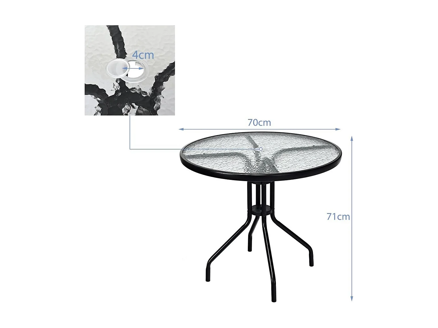 Tuintafel met tafelblad van gehard glas, terrastafel met parasolgat en metalen frame, ronde balkontafel, outdoor-eettafel voor binnenplaats, terras, 70x70x71 cm