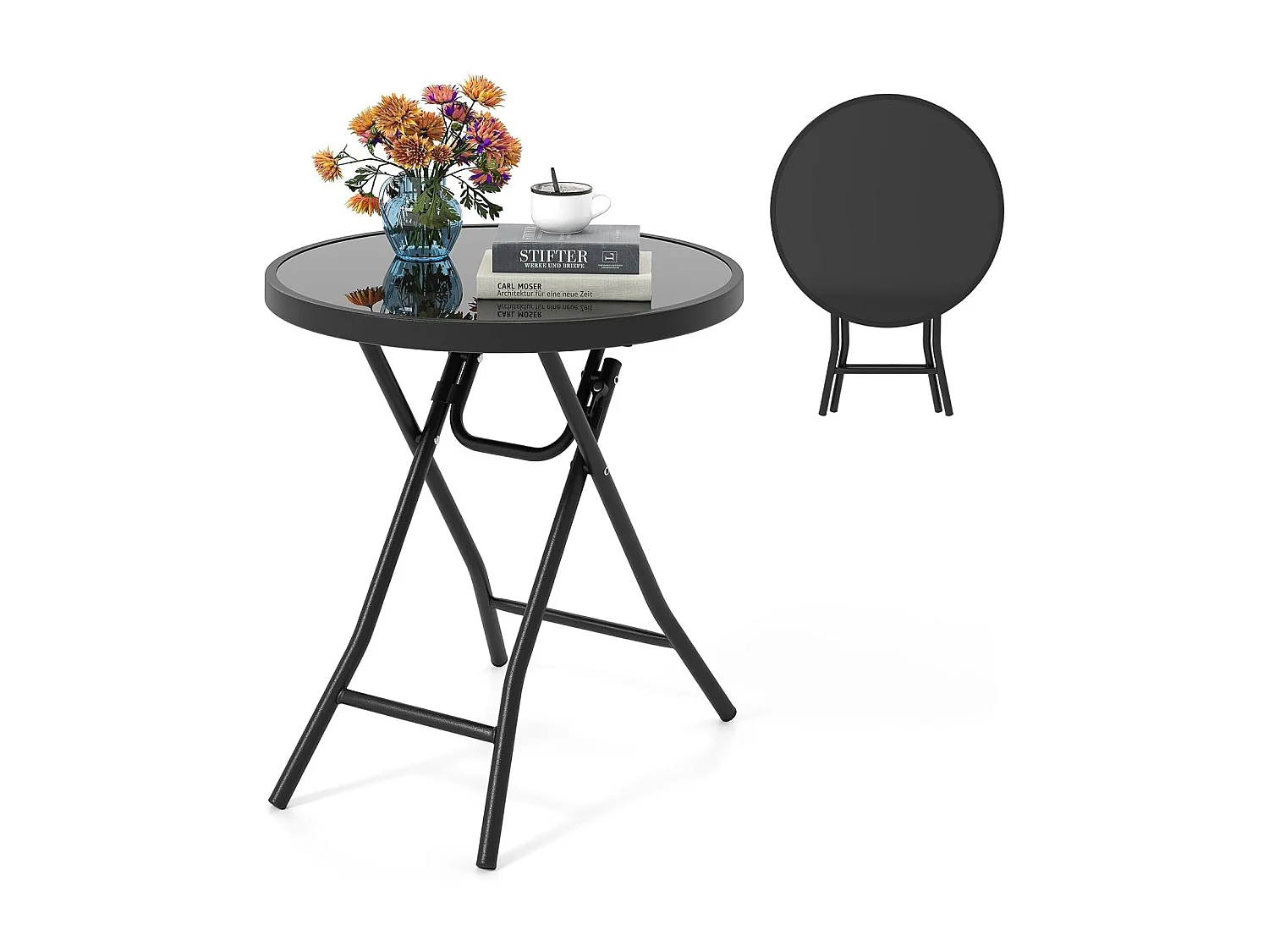 Bijzettafel inklapbaar, kleine klaptafel,tuintafel, ronde balkontafel met tafelblad van gehard glas voor balkon, tuin, terras, 46 x 46 x 48 cm (zwart) ZB33536