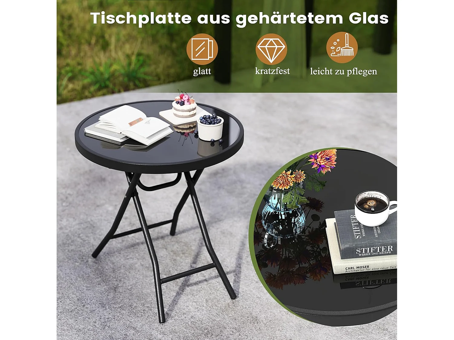 Bijzettafel inklapbaar, kleine klaptafel,tuintafel, ronde balkontafel met tafelblad van gehard glas voor balkon, tuin, terras, 46 x 46 x 48 cm (zwart) ZB33536