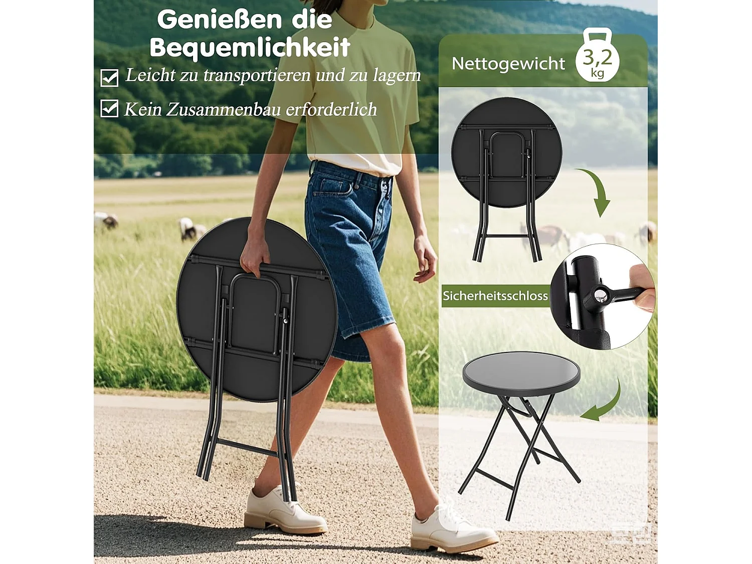 Bijzettafel inklapbaar, kleine klaptafel,tuintafel, ronde balkontafel met tafelblad van gehard glas voor balkon, tuin, terras, 46 x 46 x 48 cm (zwart) ZB33536