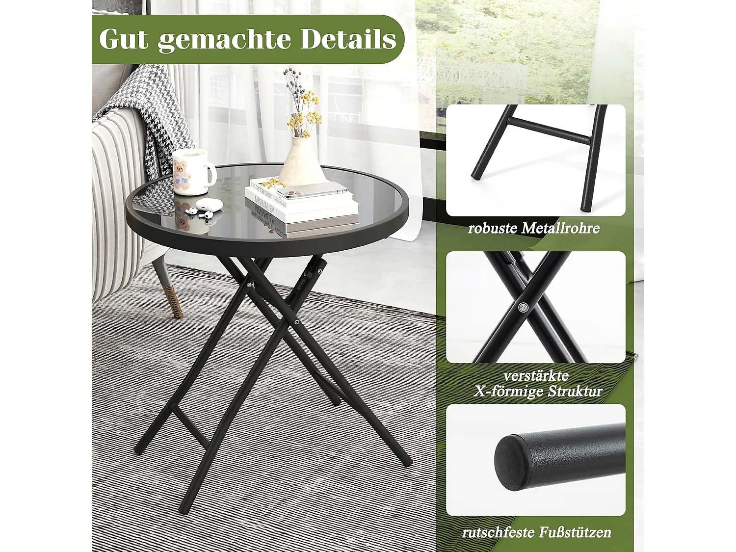 Bijzettafel inklapbaar, kleine klaptafel,tuintafel, ronde balkontafel met tafelblad van gehard glas voor balkon, tuin, terras, 46 x 46 x 48 cm (zwart) ZB33536