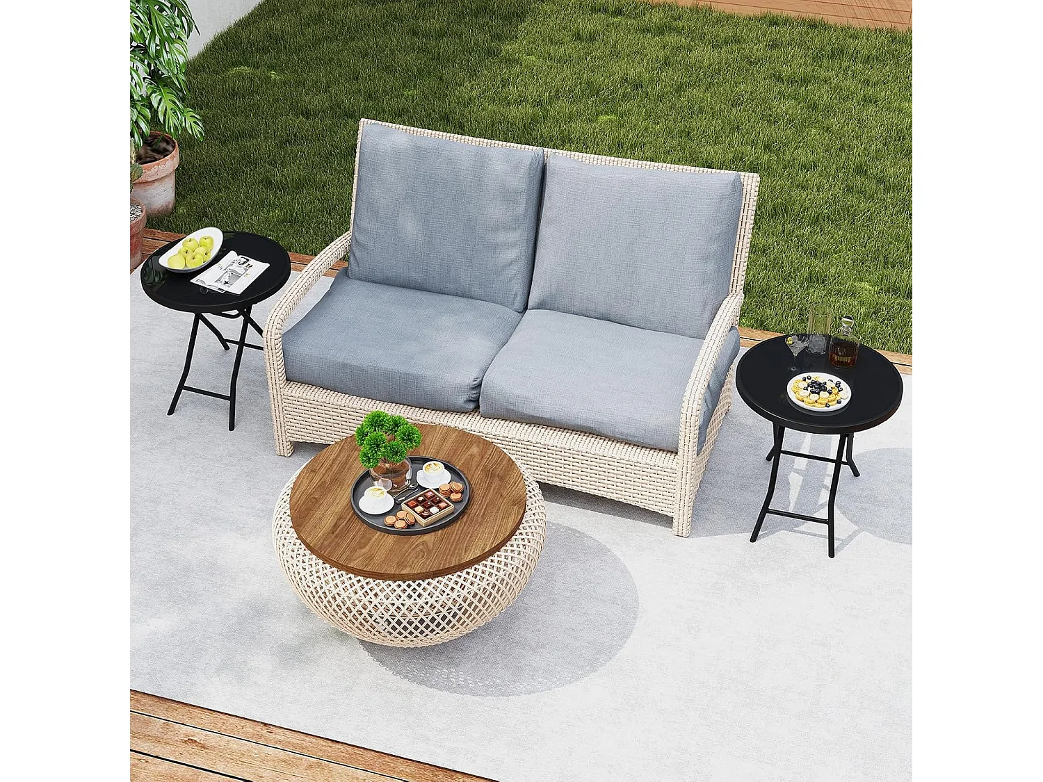 Bijzettafel inklapbaar, kleine klaptafel,tuintafel, ronde balkontafel met tafelblad van gehard glas voor balkon, tuin, terras, 46 x 46 x 48 cm (zwart) ZB33536