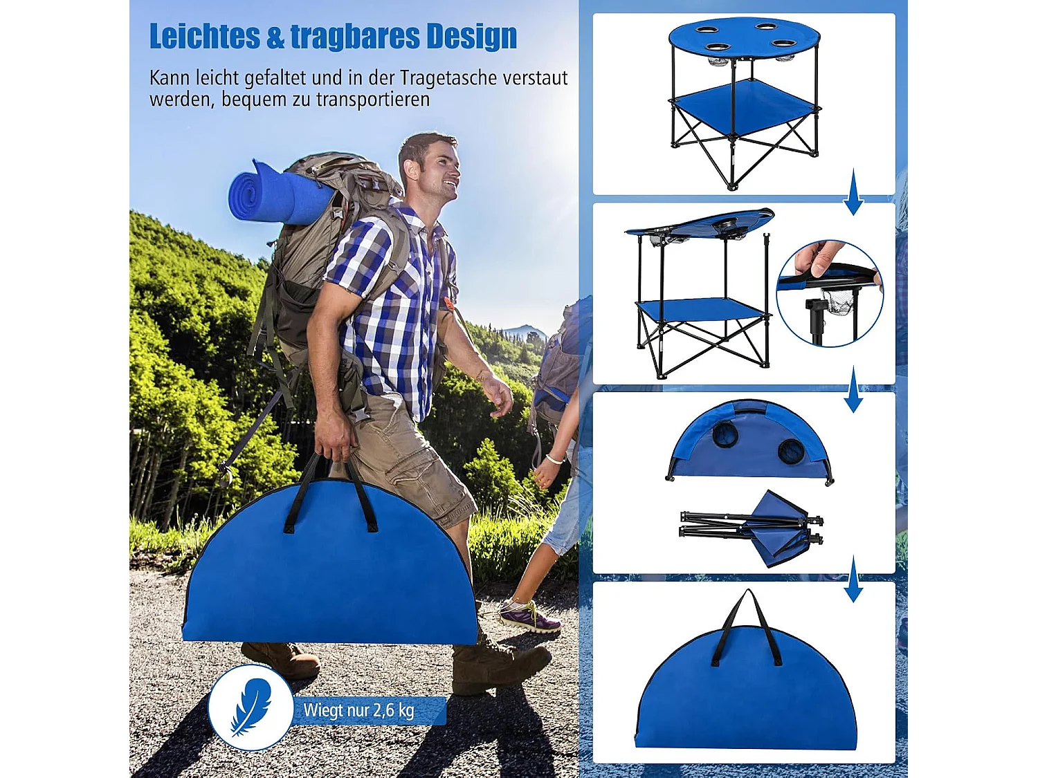 Campingtafel, opvouwbaar, 2 verdiepingen, met bekerhouders en draagtas, lichte picknicktafel, klaptafel, stabiel, vouwtafel voor camping, picknick ZB33222