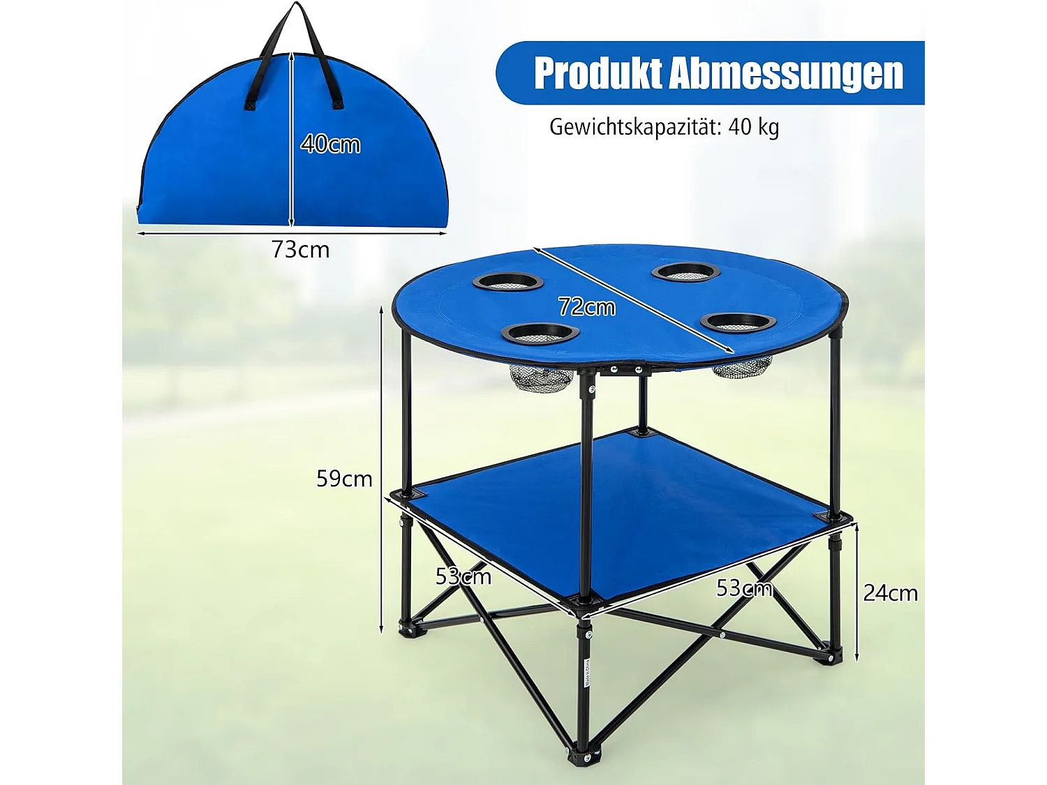 Campingtafel, opvouwbaar, 2 verdiepingen, met bekerhouders en draagtas, lichte picknicktafel, klaptafel, stabiel, vouwtafel voor camping, picknick ZB33222