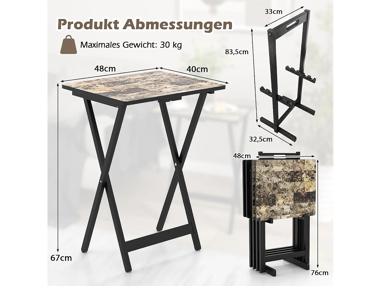 Set van 4 tuintafels, inklapbaar, bistrotafel, outdoor, van hout, klaptafel met handgreep, balkontafel,voor tuin, terras, zwembad, 48 x 40 x 67 cm ZB33034