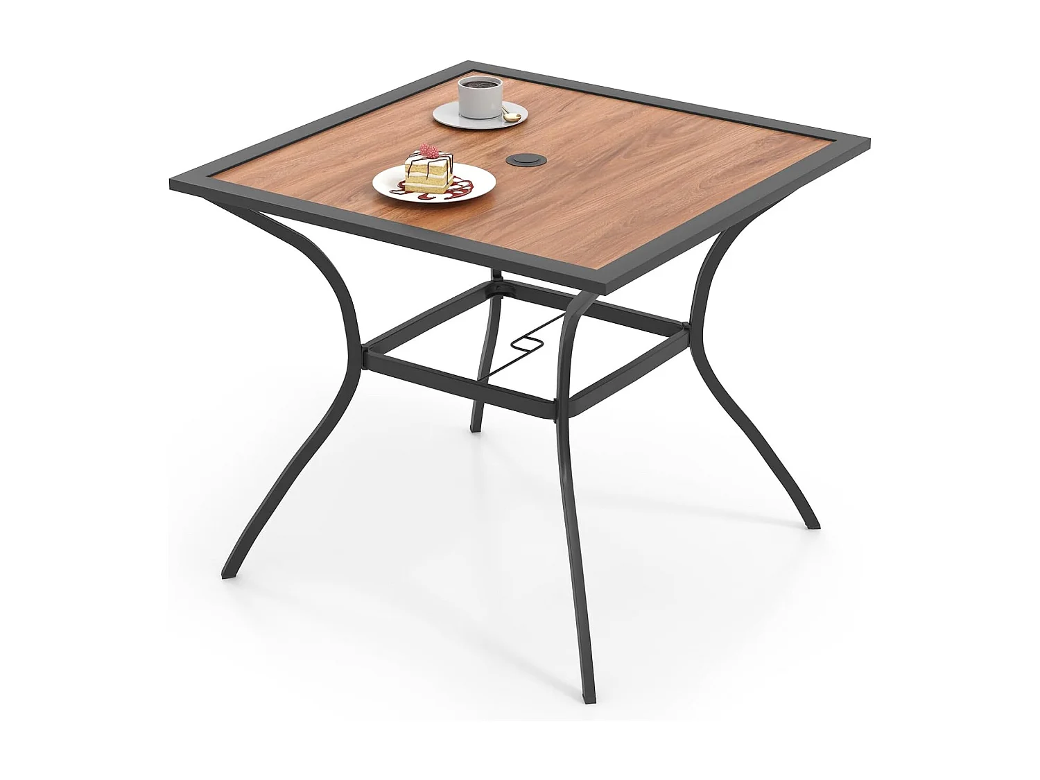 Tuintafel met tafelblad in houtlook, terrastafel met verstelbaar parasolgat,balkontafel voor 4 personen, outdoor eettafel voor balkon, terras, tuin, 85x85x74 cm