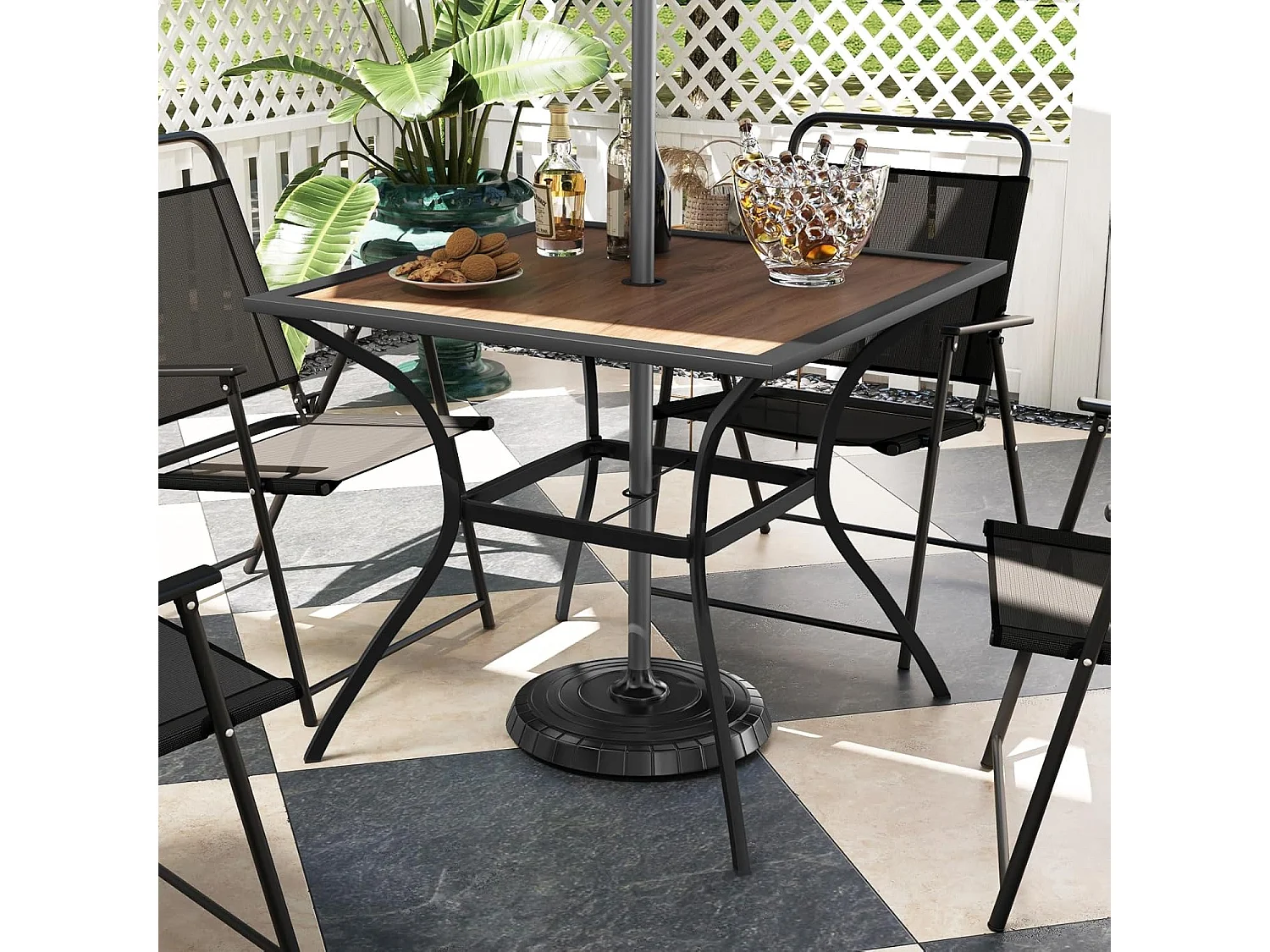 Tuintafel met tafelblad in houtlook, terrastafel met verstelbaar parasolgat,balkontafel voor 4 personen, outdoor eettafel voor balkon, terras, tuin, 85x85x74 cm