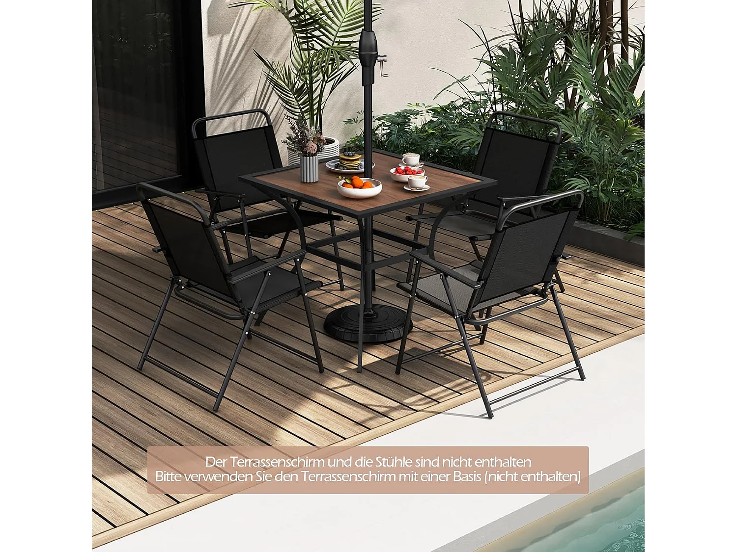Tuintafel met tafelblad in houtlook, terrastafel met verstelbaar parasolgat,balkontafel voor 4 personen, outdoor eettafel voor balkon, terras, tuin, 85x85x74 cm