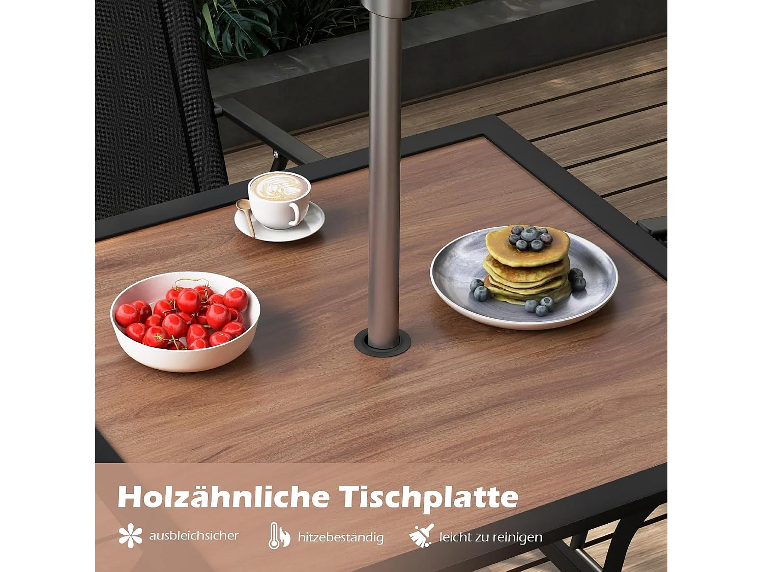 Tuintafel met tafelblad in houtlook, terrastafel met verstelbaar parasolgat,balkontafel voor 4 personen, outdoor eettafel voor balkon, terras, tuin, 85x85x74 cm