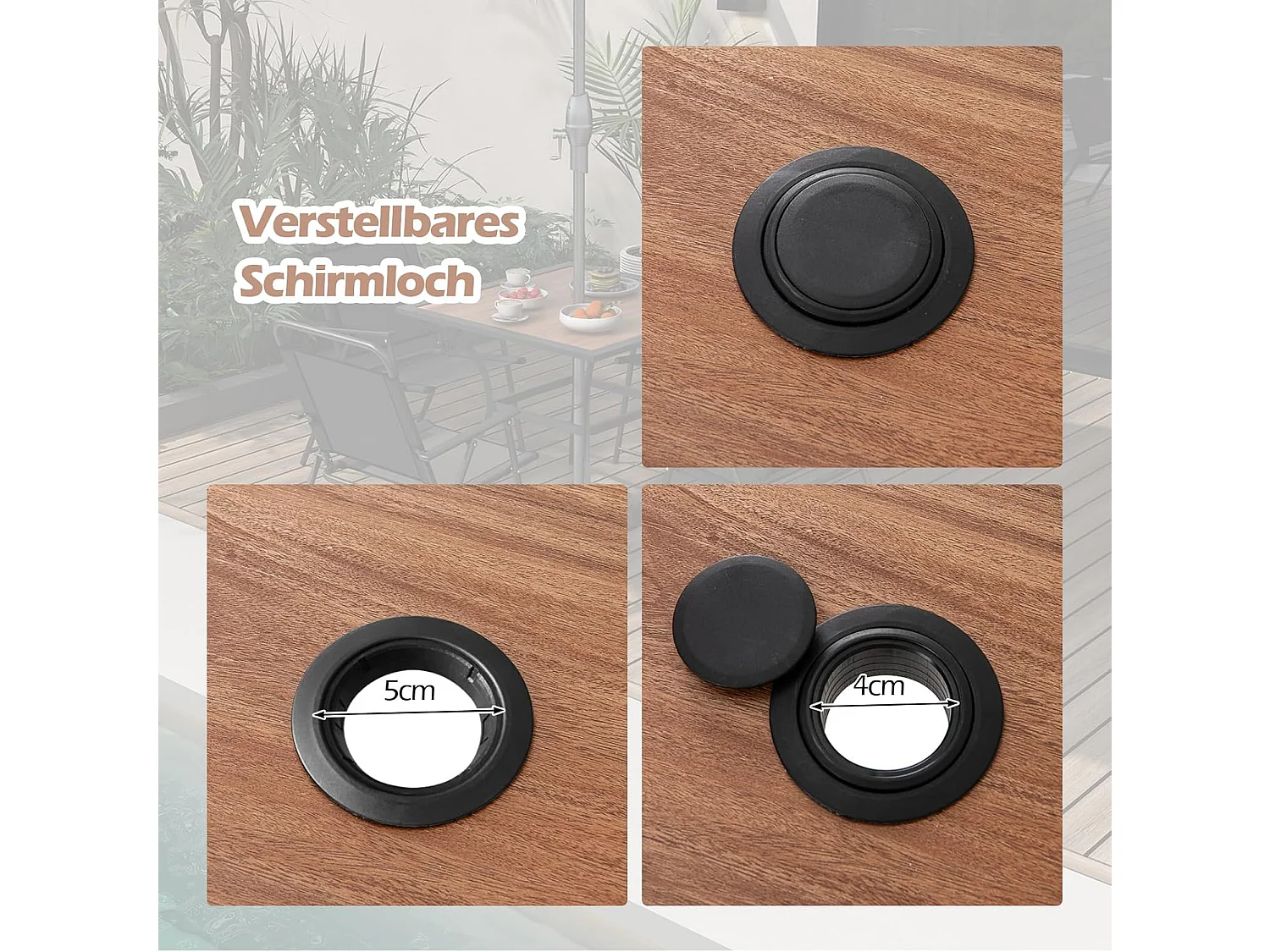 Tuintafel met tafelblad in houtlook, terrastafel met verstelbaar parasolgat,balkontafel voor 4 personen, outdoor eettafel voor balkon, terras, tuin, 85x85x74 cm