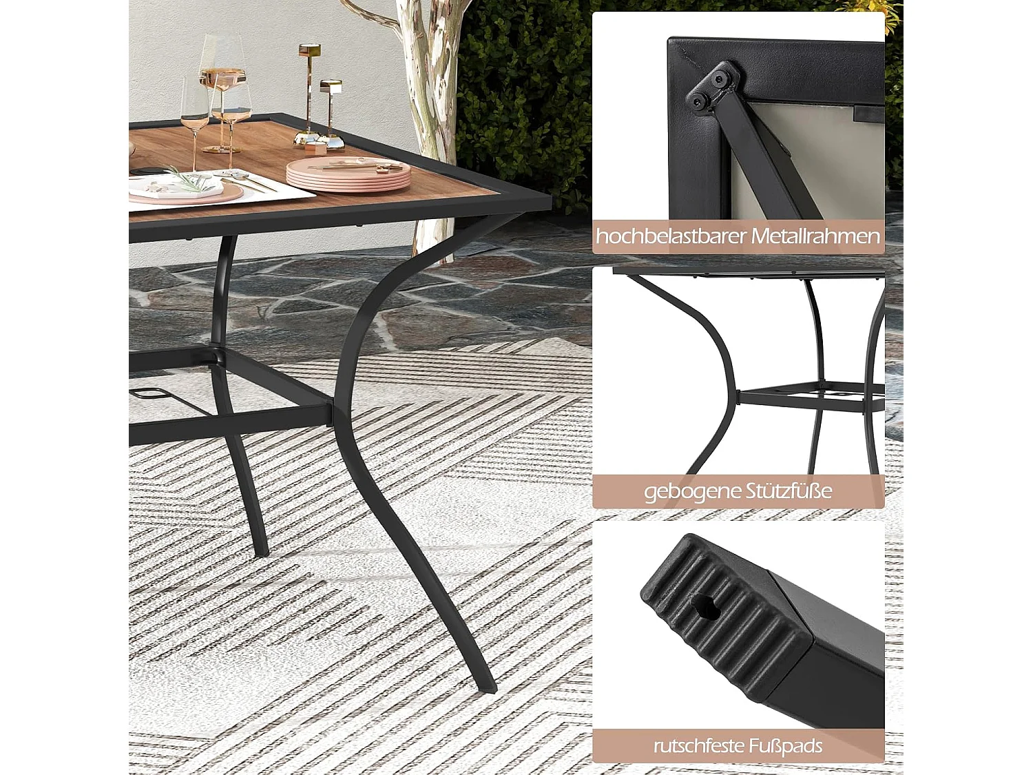Tuintafel met tafelblad in houtlook, terrastafel met verstelbaar parasolgat,balkontafel voor 4 personen, outdoor eettafel voor balkon, terras, tuin, 85x85x74 cm