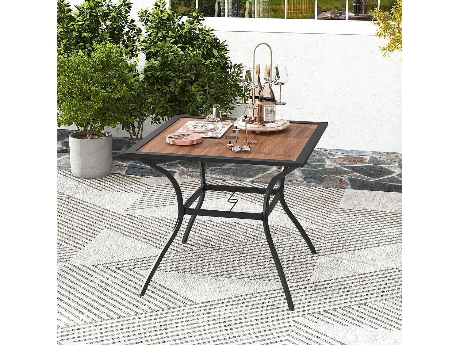 Tuintafel met tafelblad in houtlook, terrastafel met verstelbaar parasolgat,balkontafel voor 4 personen, outdoor eettafel voor balkon, terras, tuin, 85x85x74 cm