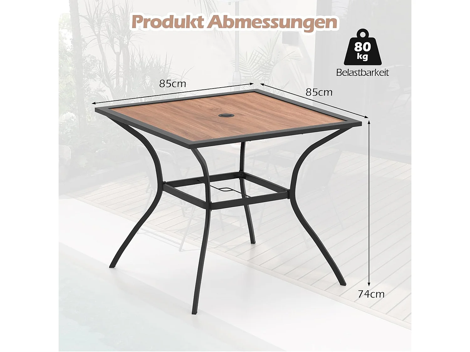 Tuintafel met tafelblad in houtlook, terrastafel met verstelbaar parasolgat,balkontafel voor 4 personen, outdoor eettafel voor balkon, terras, tuin, 85x85x74 cm