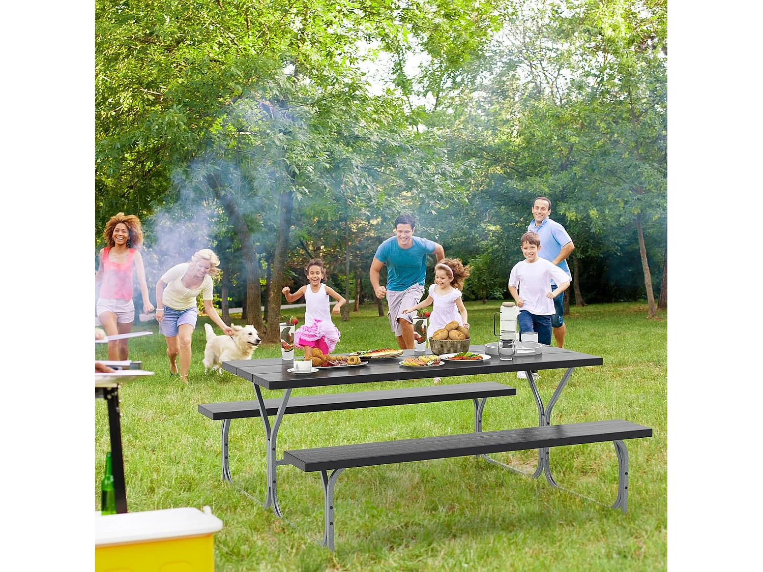 Biertentgarnituur, 183 cm, biertafelset met weerbestendig HDPE-tafelblad en parasolgat, biertafel met 2 banken, zitgarnituur voor 6-8 personen voor tuin ZB33488