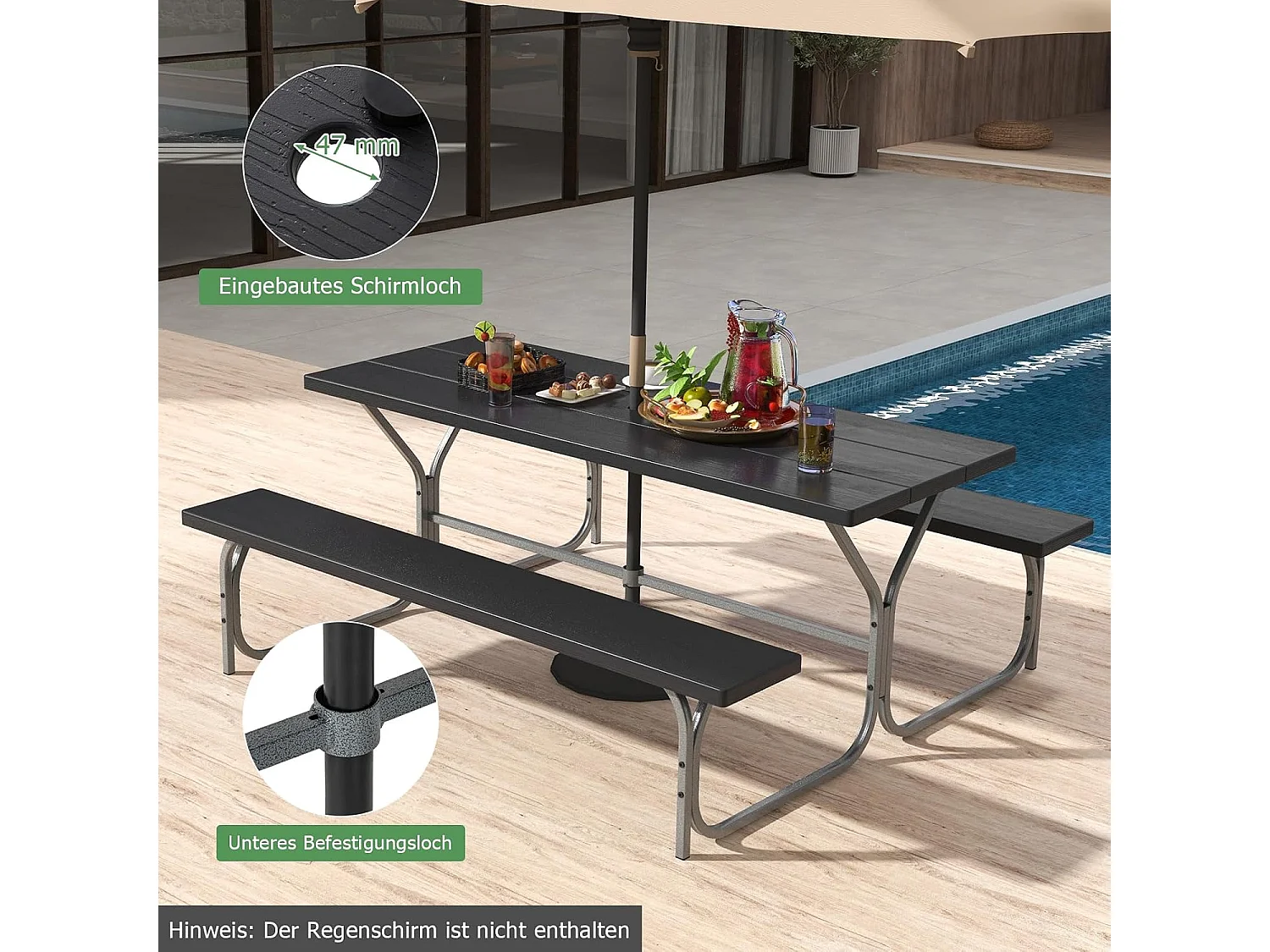 Biertentgarnituur, 183 cm, biertafelset met weerbestendig HDPE-tafelblad en parasolgat, biertafel met 2 banken, zitgarnituur voor 6-8 personen voor tuin ZB33488