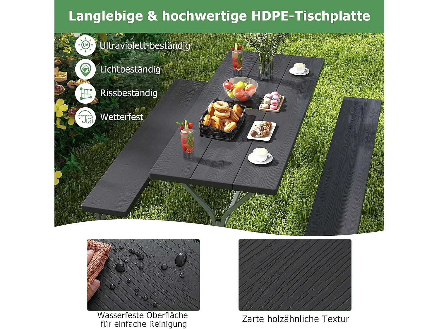 Biertentgarnituur, 183 cm, biertafelset met weerbestendig HDPE-tafelblad en parasolgat, biertafel met 2 banken, zitgarnituur voor 6-8 personen voor tuin ZB33488