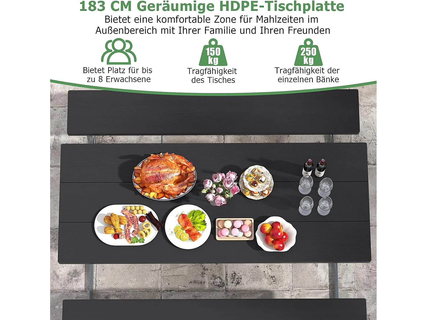 Biertentgarnituur, 183 cm, biertafelset met weerbestendig HDPE-tafelblad en parasolgat, biertafel met 2 banken, zitgarnituur voor 6-8 personen voor tuin ZB33488