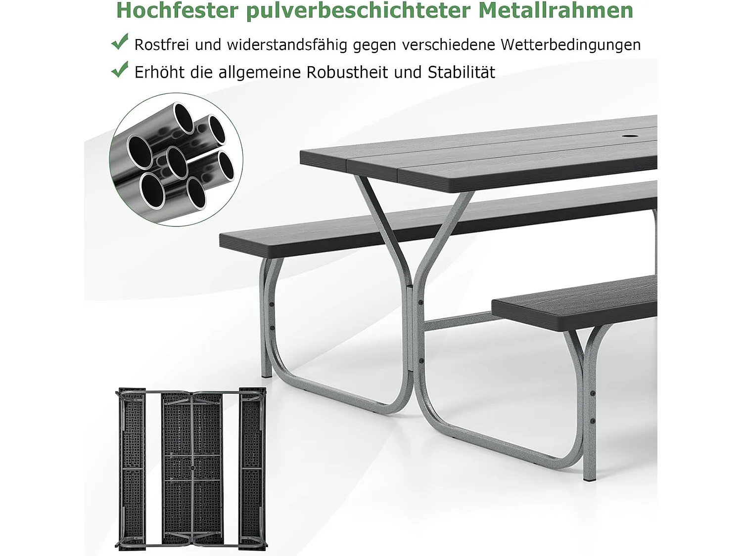 Biertentgarnituur, 183 cm, biertafelset met weerbestendig HDPE-tafelblad en parasolgat, biertafel met 2 banken, zitgarnituur voor 6-8 personen voor tuin ZB33488